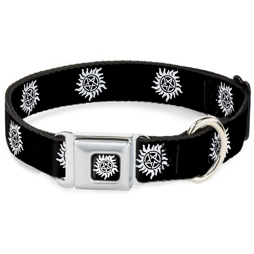 Winchester Logo Full Color Black White Seatbelt Buckle Collar - Winchester Pentagram Repeat Black/White Seatbelt Buckle Collars Supernatural
