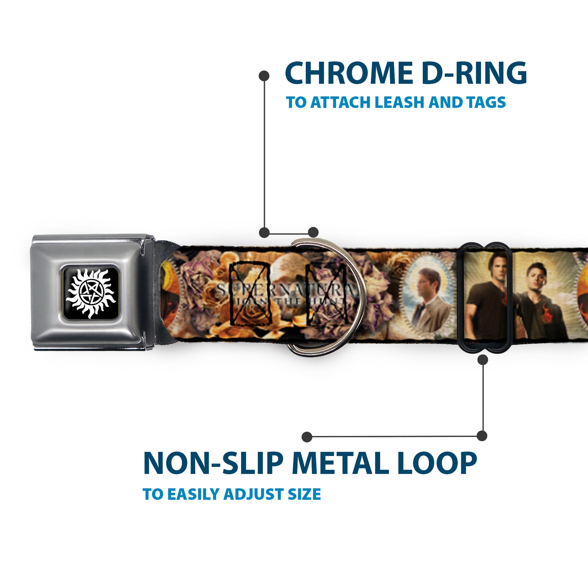 Winchester Logo Full Color Black/White Seatbelt Buckle Collar - SUPERNATURAL 4-Character Saintly Icons/Skull & Roses Seatbelt Buckle Collars Supernatural