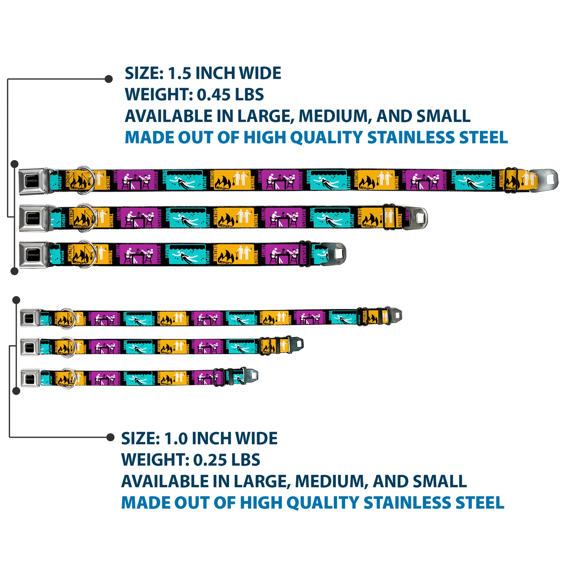 SUPERNATURAL-JOIN THE HUNT Full Color Black/White Seatbelt Buckle Collar - Supernatural SAVING PEOPLE-HUNTING THINGS-FAMILY BUSINESS Blocks Black/Teal/Gold/Purple/White Seatbelt Buckle Collars Supernatural