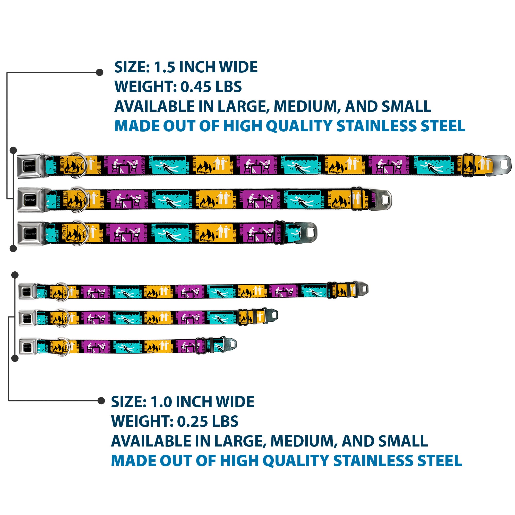 SUPERNATURAL-JOIN THE HUNT Full Color Black/White Seatbelt Buckle Collar - Supernatural SAVING PEOPLE-HUNTING THINGS-FAMILY BUSINESS Blocks Black/Teal/Gold/Purple/White Seatbelt Buckle Collars Supernatural