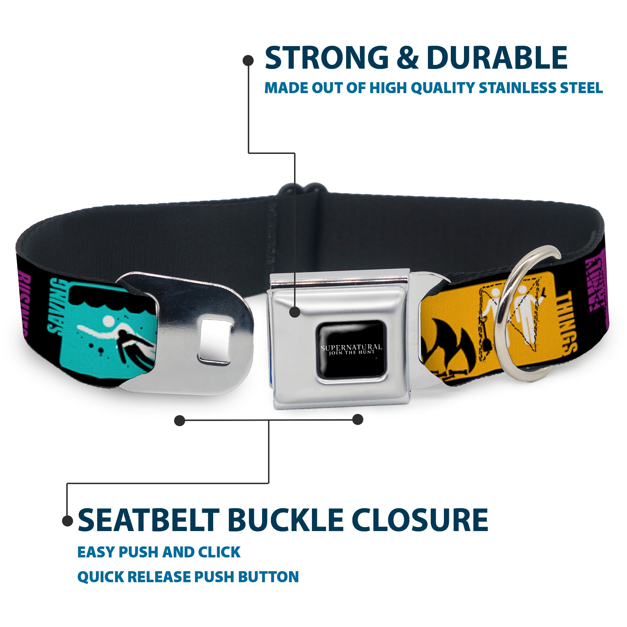 SUPERNATURAL-JOIN THE HUNT Full Color Black/White Seatbelt Buckle Collar - Supernatural SAVING PEOPLE-HUNTING THINGS-FAMILY BUSINESS Blocks Black/Teal/Gold/Purple/White Seatbelt Buckle Collars Supernatural
