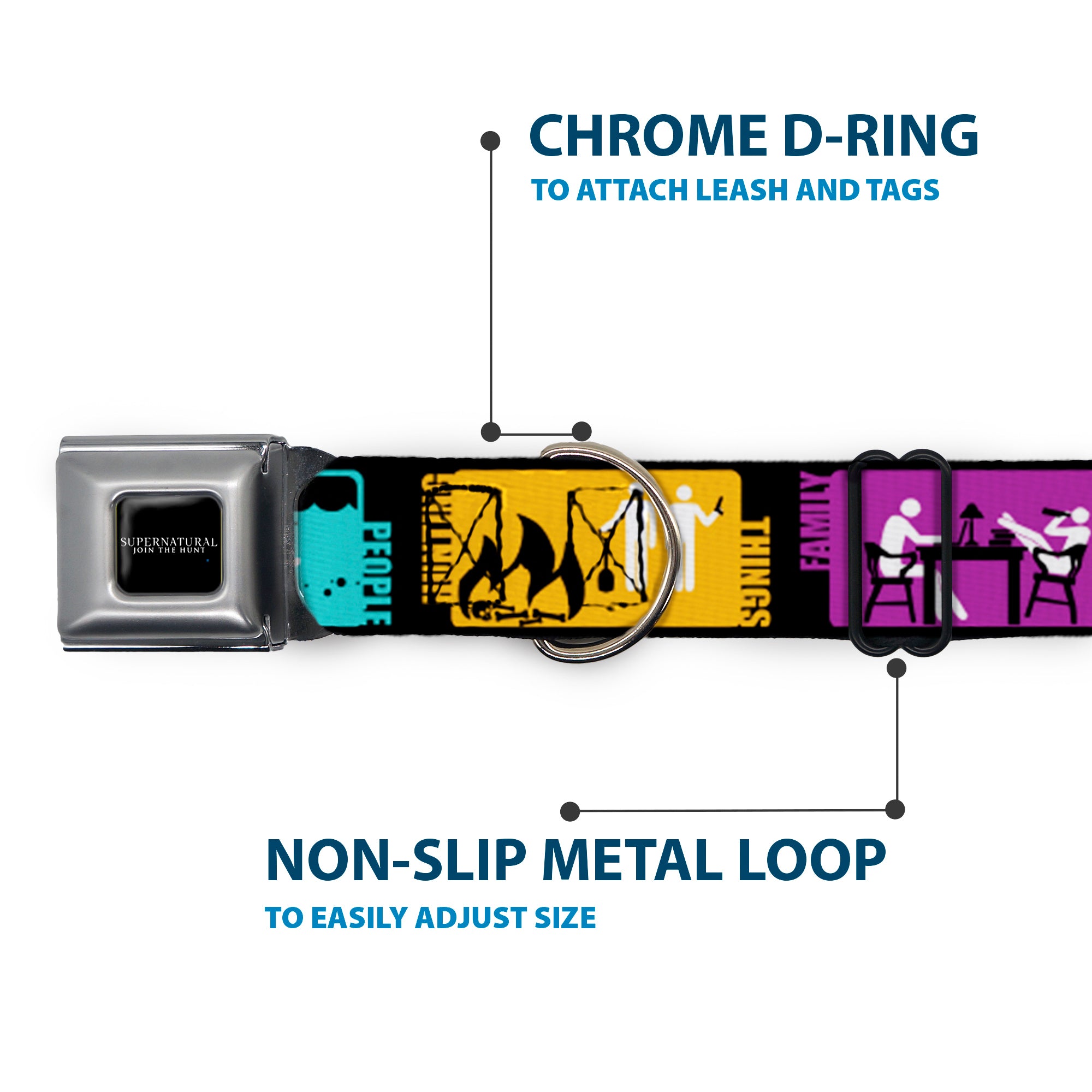SUPERNATURAL-JOIN THE HUNT Full Color Black/White Seatbelt Buckle Collar - Supernatural SAVING PEOPLE-HUNTING THINGS-FAMILY BUSINESS Blocks Black/Teal/Gold/Purple/White Seatbelt Buckle Collars Supernatural