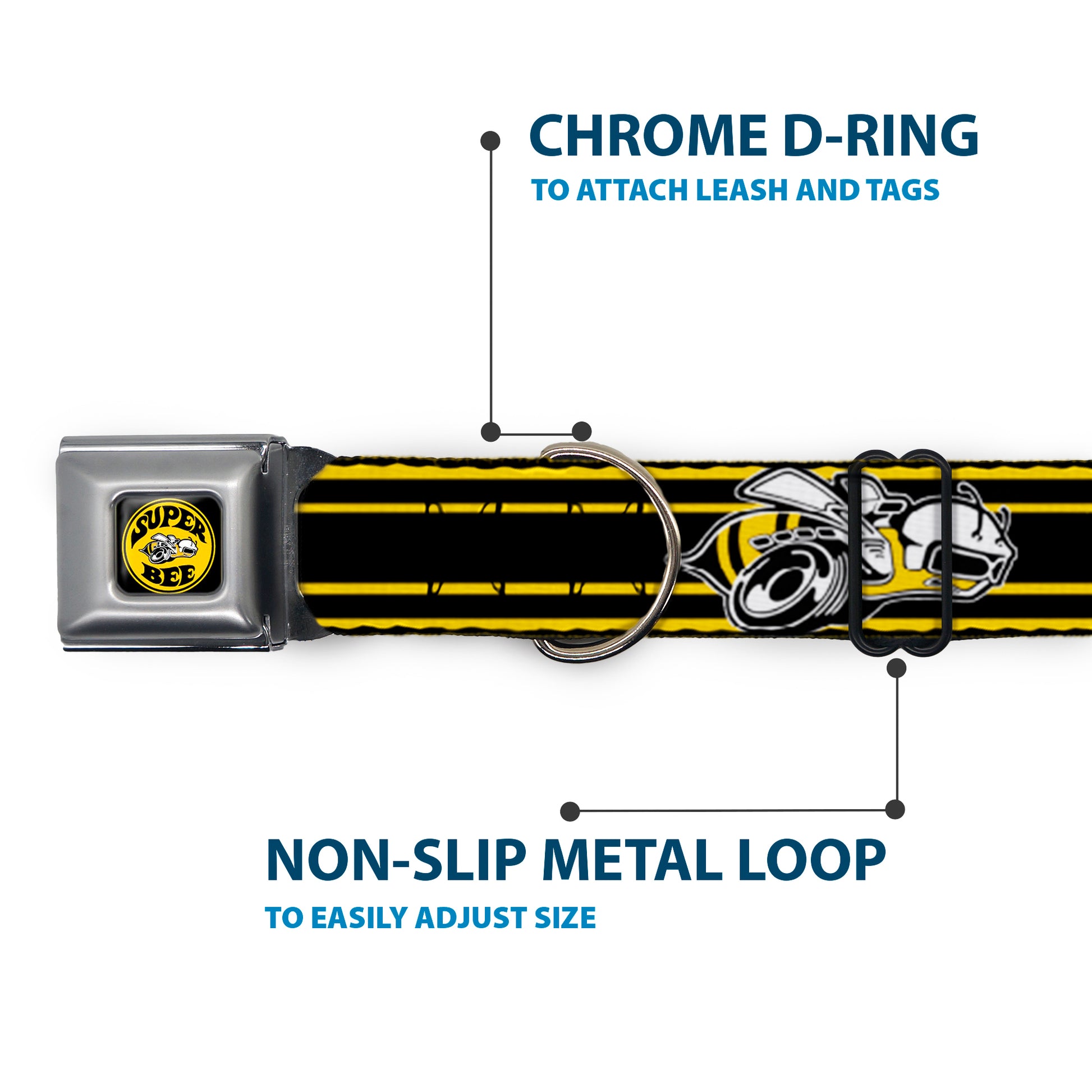 SUPER BEE Logo Full Color Black/Yellow/White Seatbelt Buckle Collar - SUPER BEE Logo/Stripes Black/Yellow/White Seatbelt Buckle Collars Dodge
