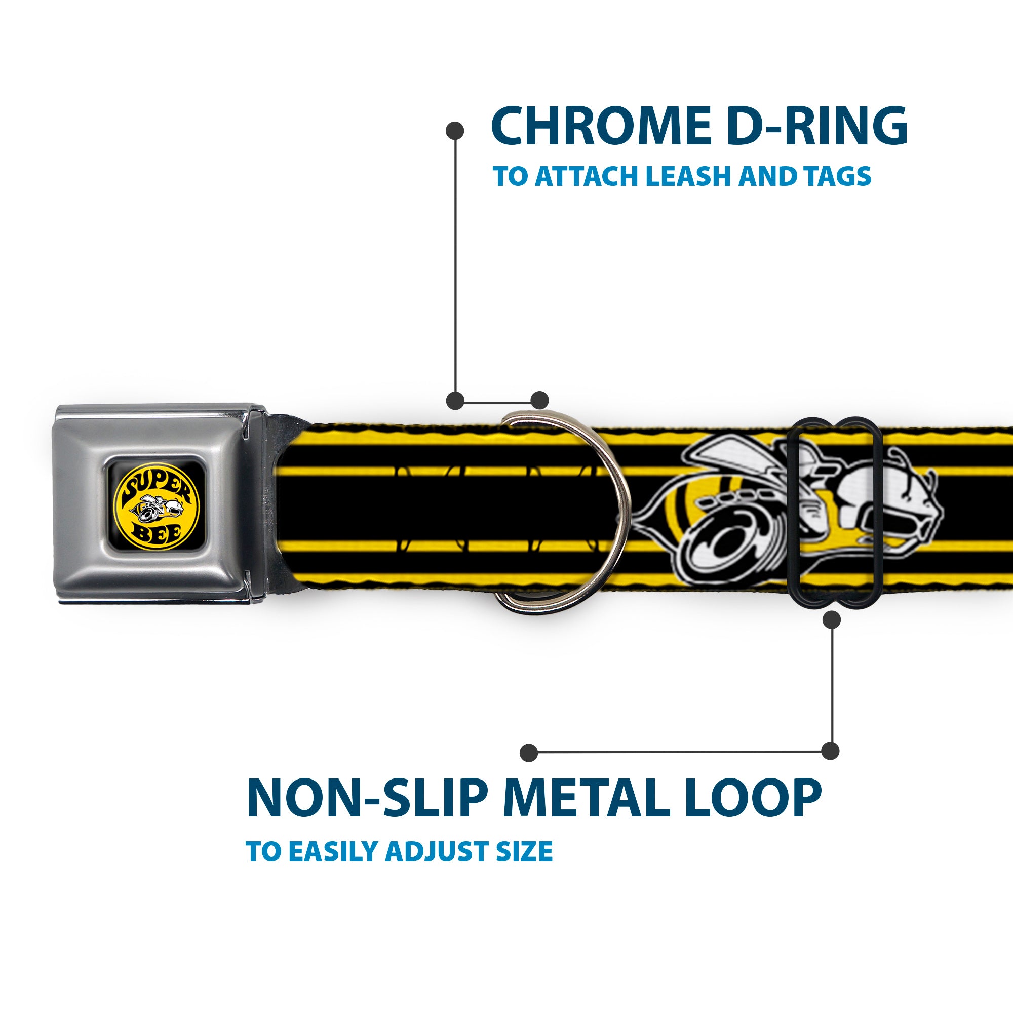 SUPER BEE Logo Full Color Black/Yellow/White Seatbelt Buckle Collar - SUPER BEE Logo/Stripes Black/Yellow/White Seatbelt Buckle Collars Dodge