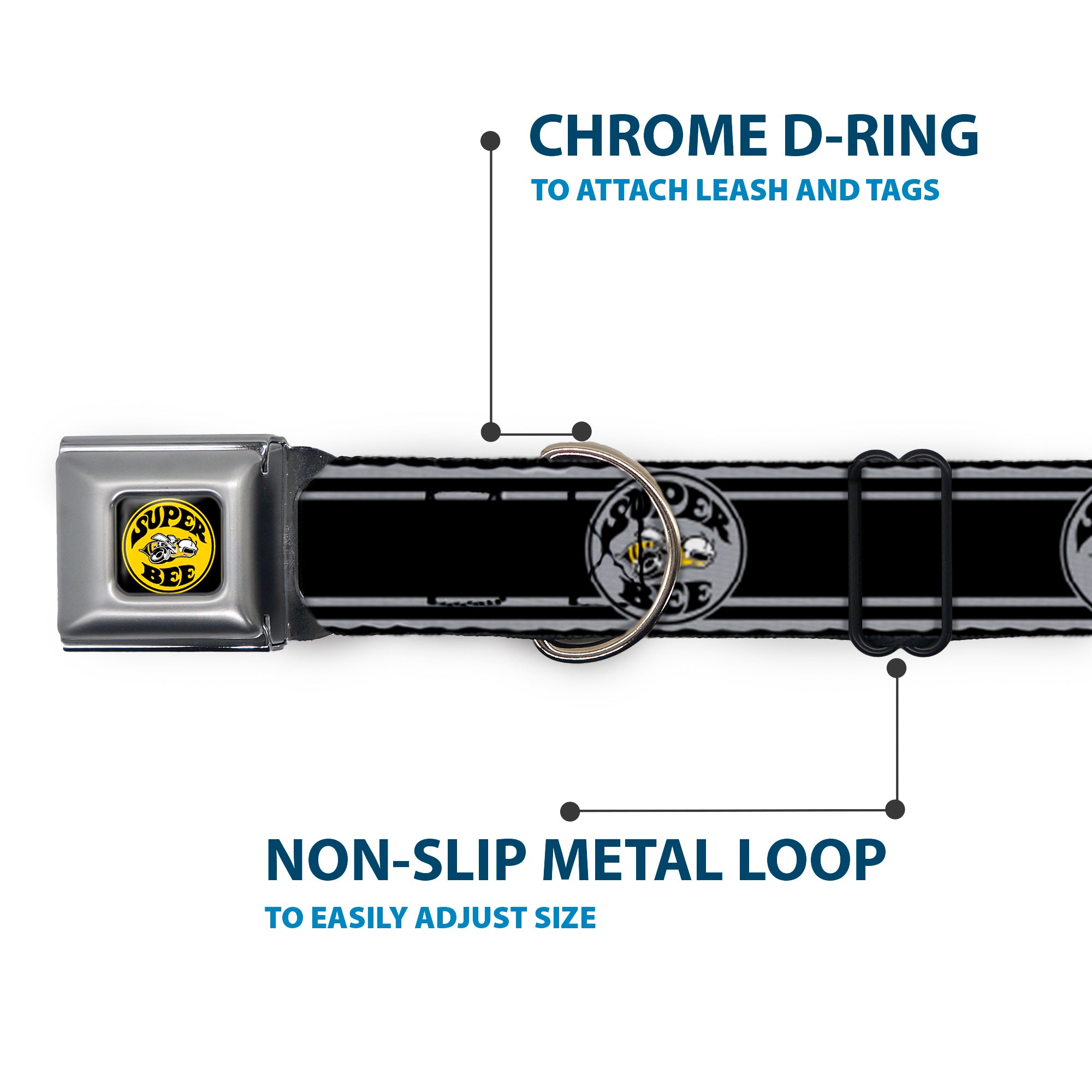 SUPER BEE Logo Full Color Black/Yellow/White Seatbelt Buckle Collar - SUPER BEE Logo/Stripes Black/Gray/Yellow/White Seatbelt Buckle Collars Dodge