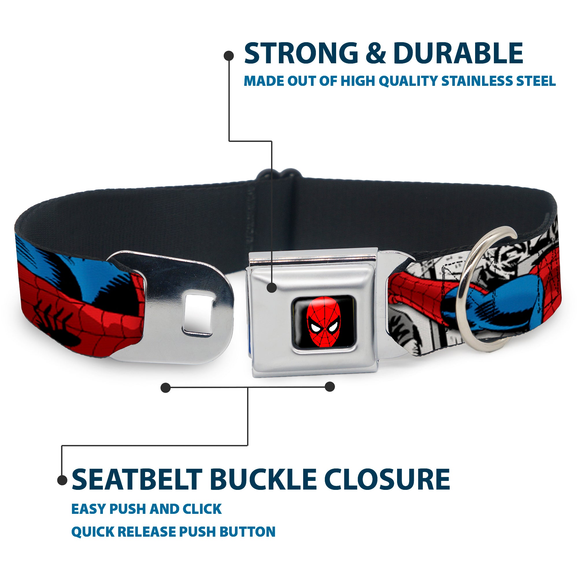 MARVEL UNIVERSE Spider-Man Full Color Seatbelt Buckle Collar - Spider-Man Action ESCAPE IMPOSSIBLE Gray Seatbelt Buckle Collars Marvel Comics