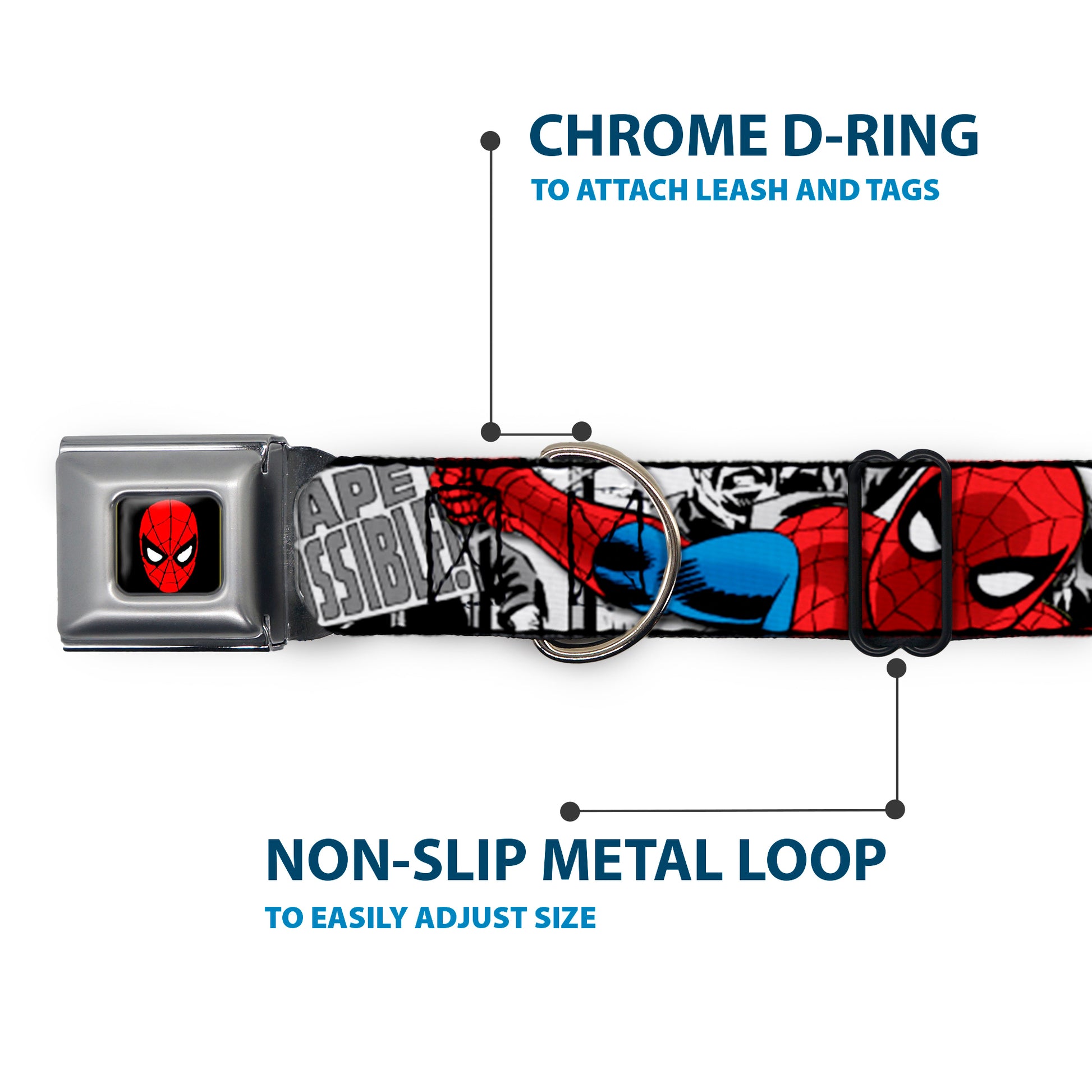 MARVEL UNIVERSE Spider-Man Full Color Seatbelt Buckle Collar - Spider-Man Action ESCAPE IMPOSSIBLE Gray Seatbelt Buckle Collars Marvel Comics