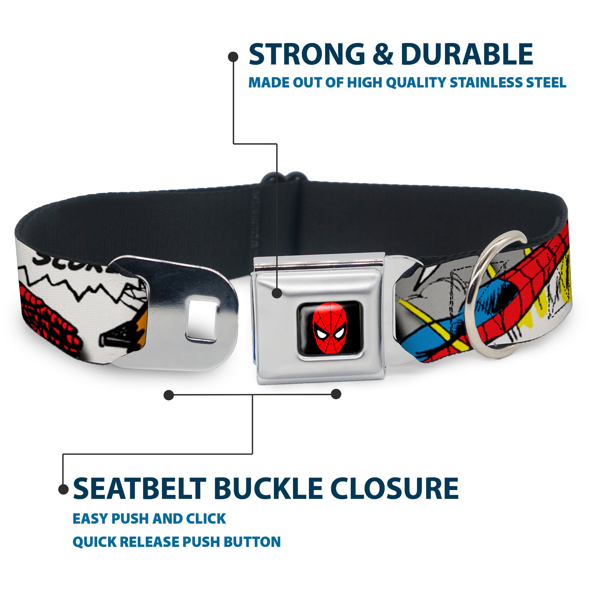 MARVEL UNIVERSE Spider-Man Full Color Seatbelt Buckle Collar - Spider-Man w/Action Verbiage Seatbelt Buckle Collars Marvel Comics
