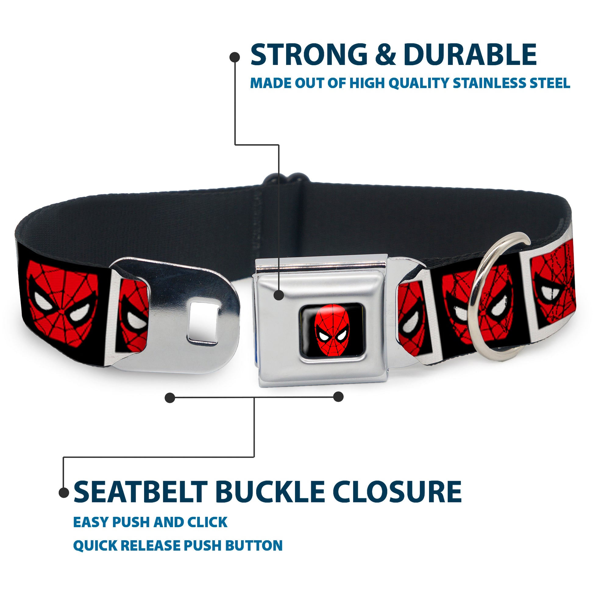 MARVEL UNIVERSE Spider-Man Full Color Seatbelt Buckle Collar - Spider-Man Face Black/White Blocks Seatbelt Buckle Collars Marvel Comics