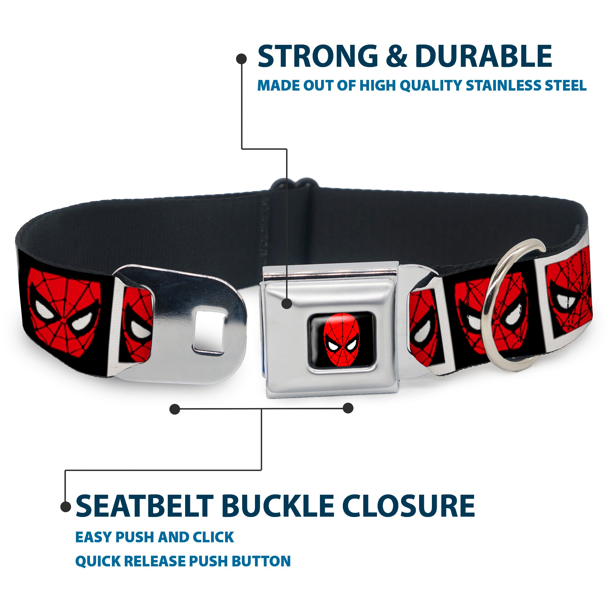 MARVEL UNIVERSE Spider-Man Full Color Seatbelt Buckle Collar - Spider-Man Face Black/White Blocks Seatbelt Buckle Collars Marvel Comics
