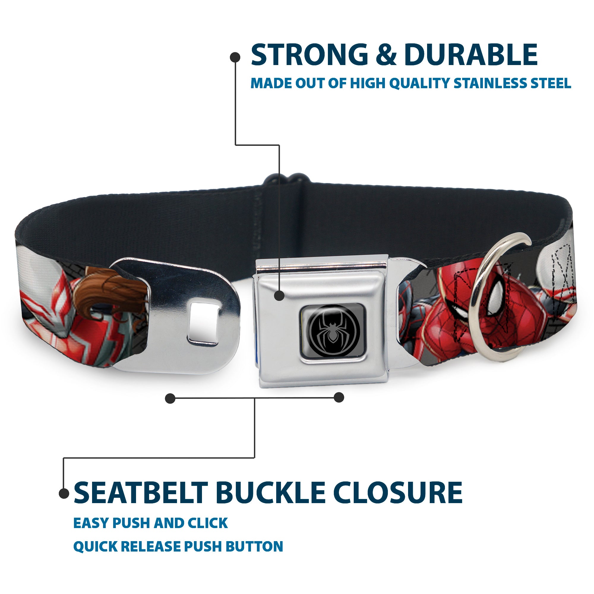 Spider Icon Silver/Black Seatbelt Buckle Collar - 6-Spider Hero Action Poses Grays Seatbelt Buckle Collars Marvel Comics