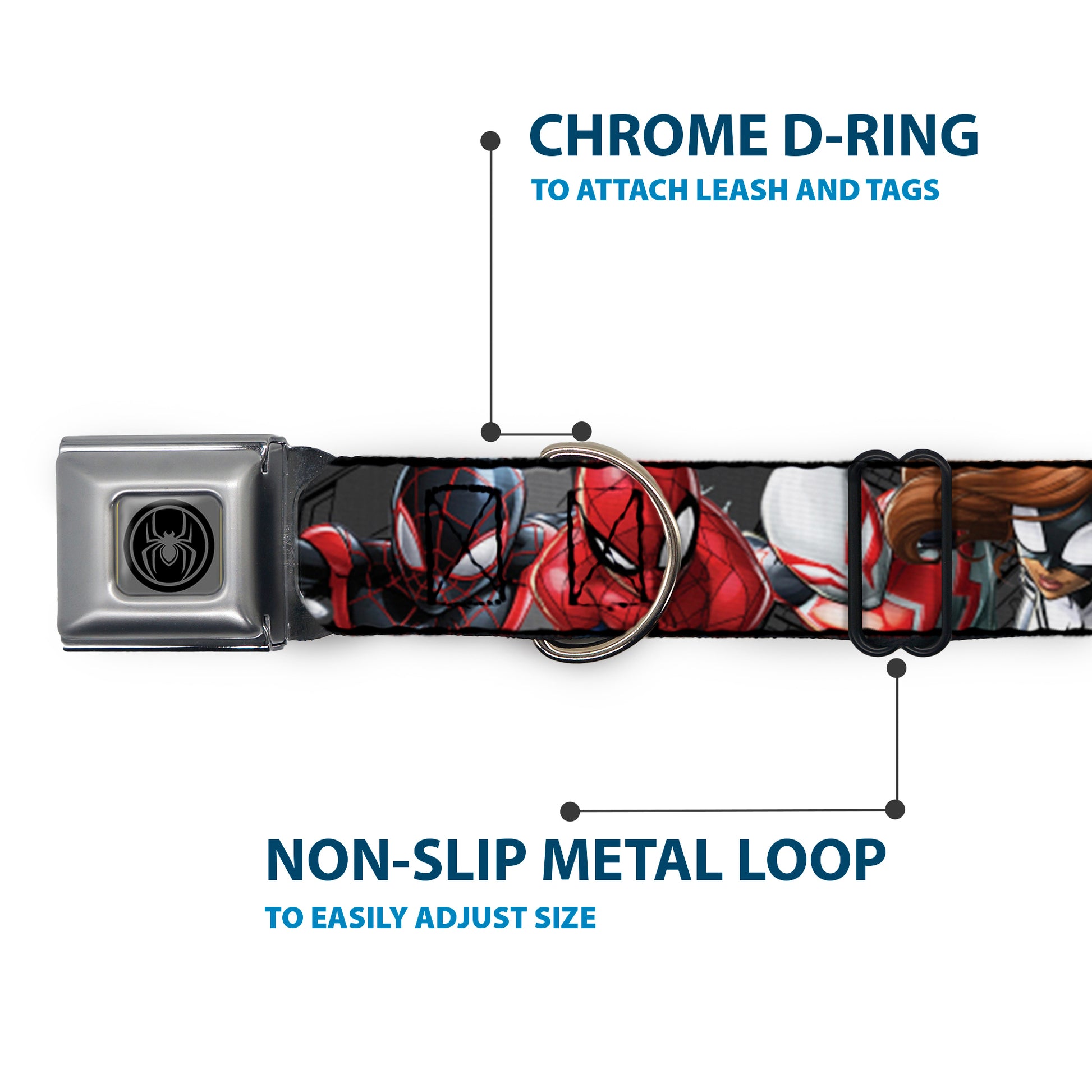 Spider Icon Silver/Black Seatbelt Buckle Collar - 6-Spider Hero Action Poses Grays Seatbelt Buckle Collars Marvel Comics