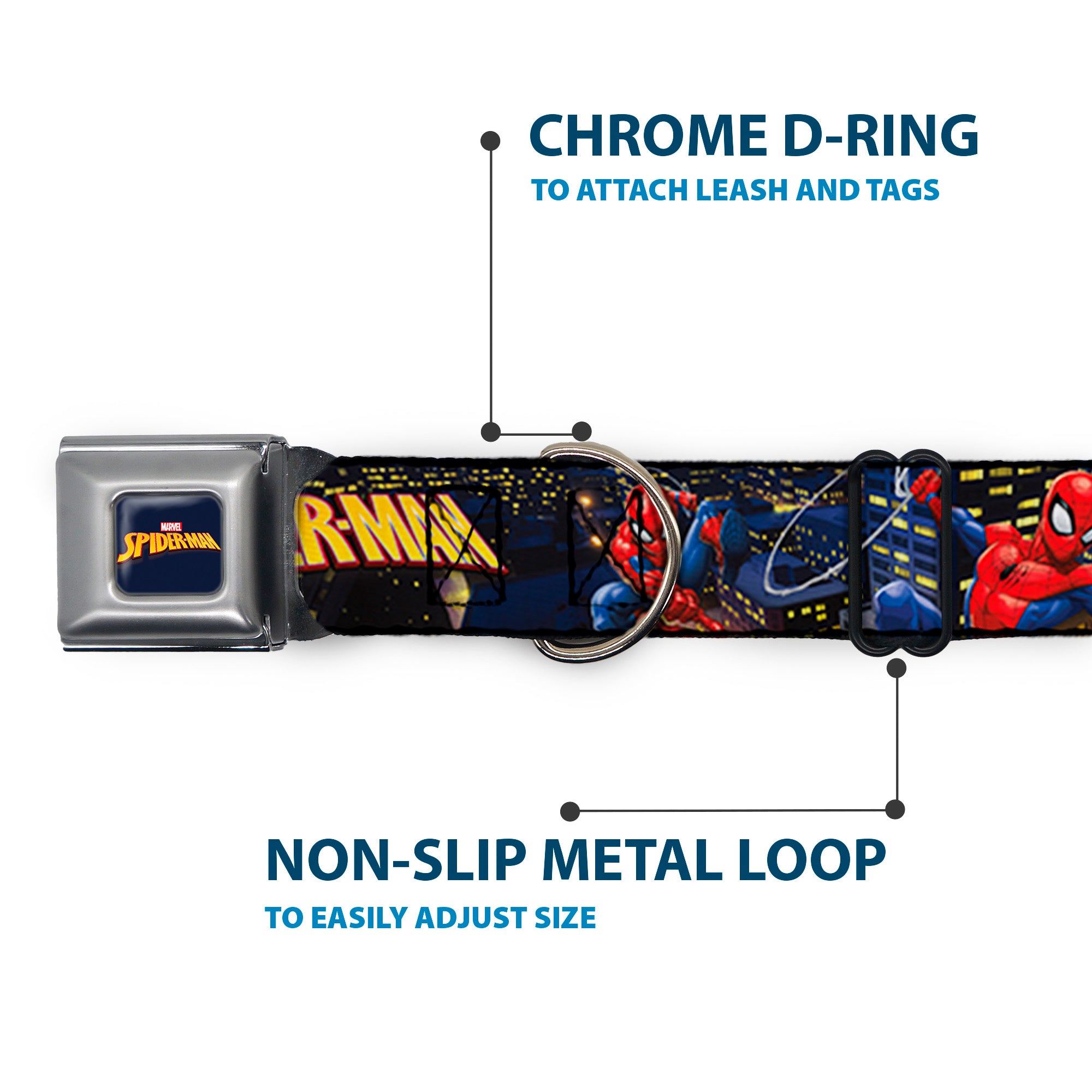 MARVEL SPIDER-MAN Title Logo Full Color Dark Blue Seatbelt Buckle Collar - SPIDER-MAN Title Logo and Action Skyline Poses Seatbelt Buckle Collars Marvel Comics