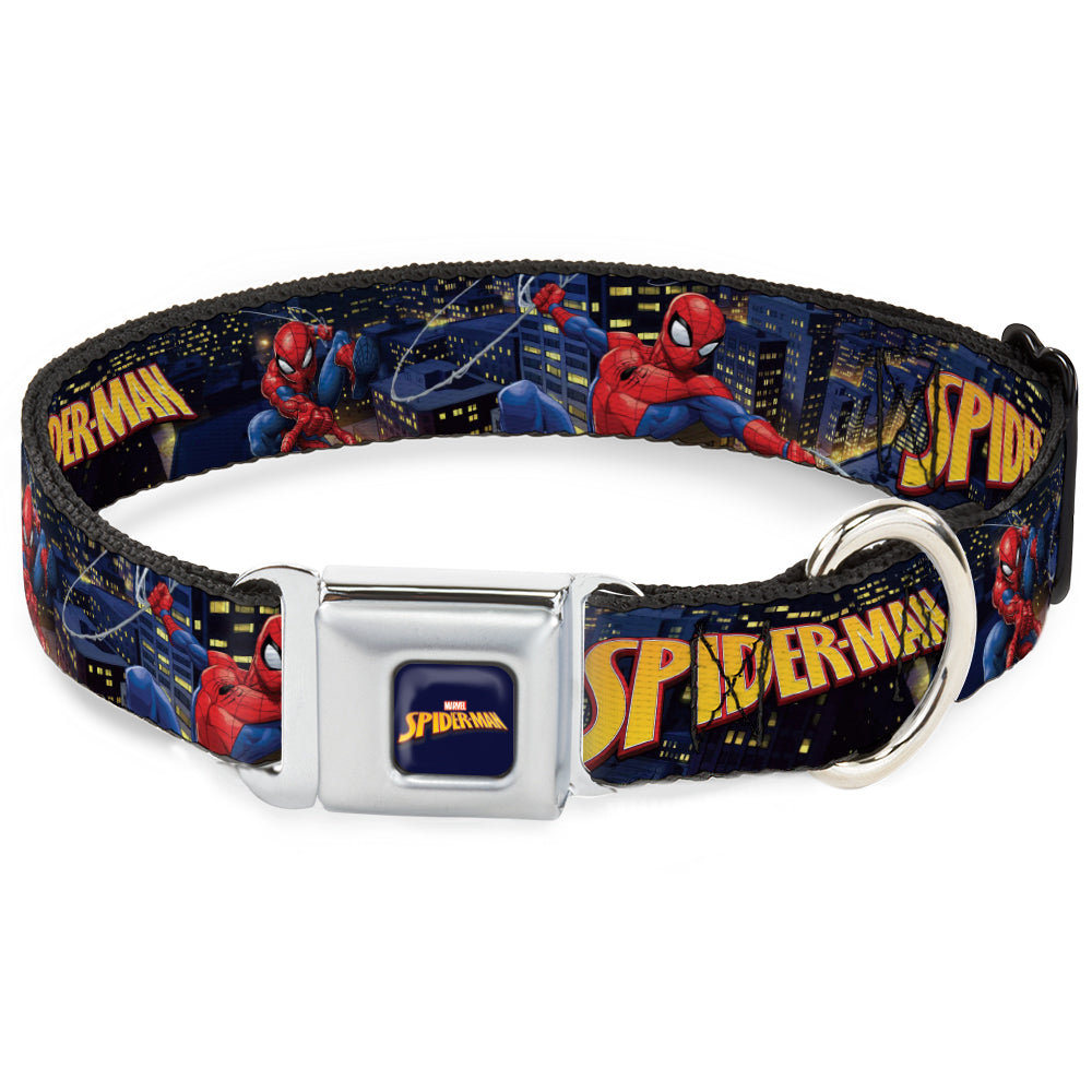 MARVEL SPIDER-MAN Title Logo Full Color Dark Blue Seatbelt Buckle Collar - SPIDER-MAN Title Logo and Action Skyline Poses Seatbelt Buckle Collars Marvel Comics