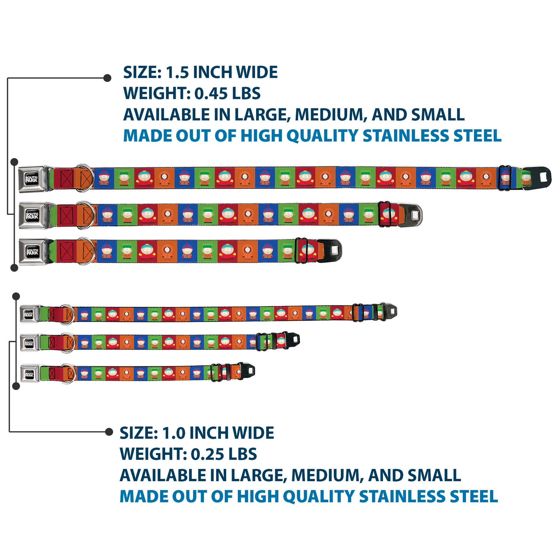 SOUTH PARK Title Logo Full Color Black/White Seatbelt Buckle Collar - South Park Boys Pose Blocks Multi Color Seatbelt Buckle Collars South Park