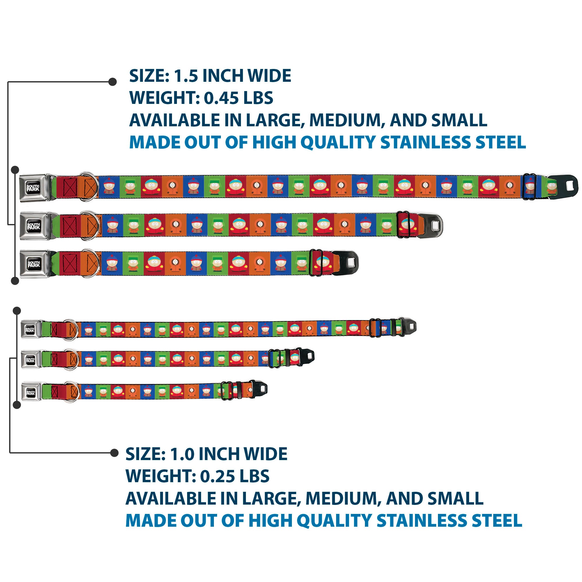 SOUTH PARK Title Logo Full Color Black/White Seatbelt Buckle Collar - South Park Boys Pose Blocks Multi Color Seatbelt Buckle Collars South Park