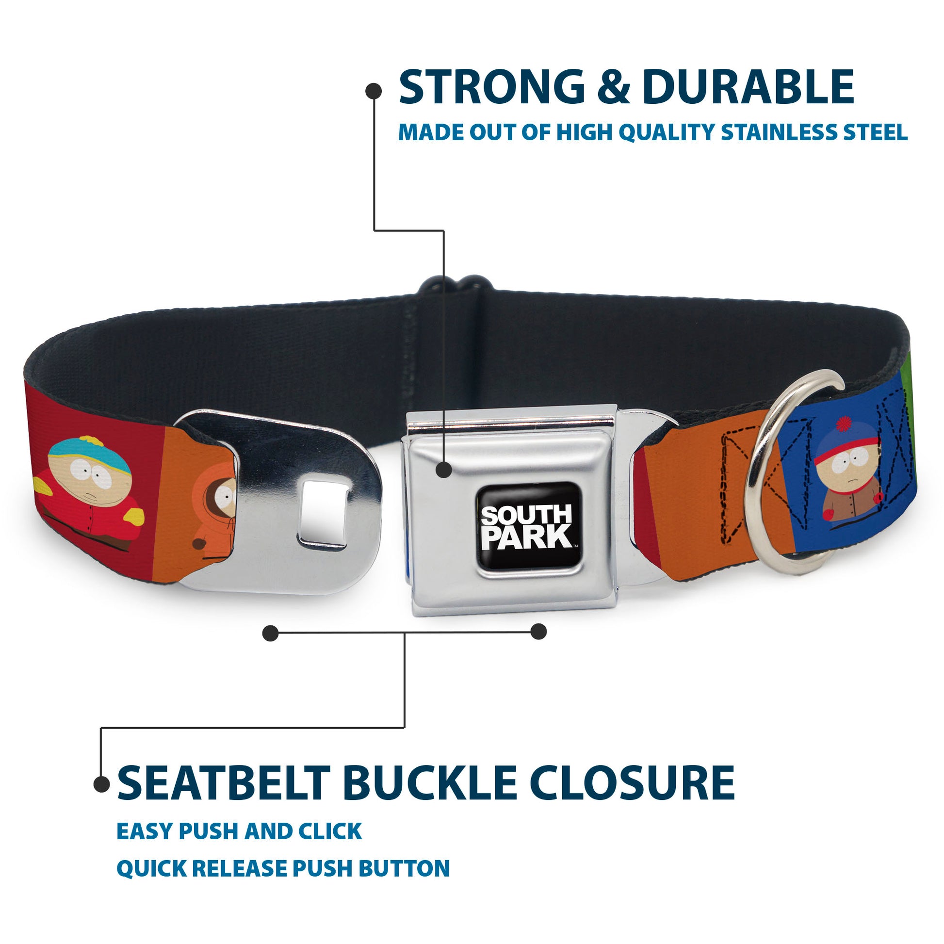 SOUTH PARK Title Logo Full Color Black/White Seatbelt Buckle Collar - South Park Boys Pose Blocks Multi Color Seatbelt Buckle Collars South Park