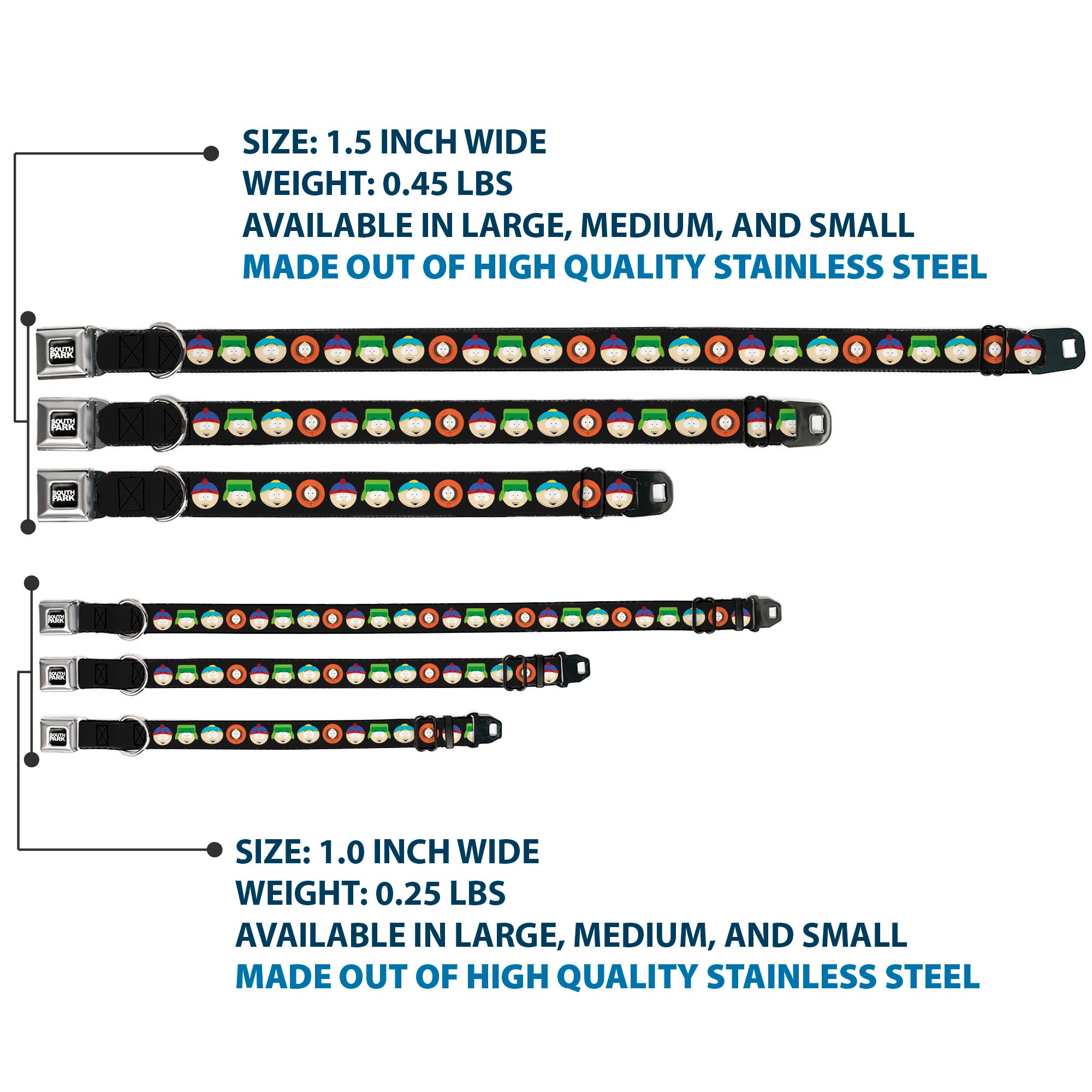SOUTH PARK Title Logo Full Color Black/White Seatbelt Buckle Collar - South Park Boys Face Repeat Black Seatbelt Buckle Collars South Park