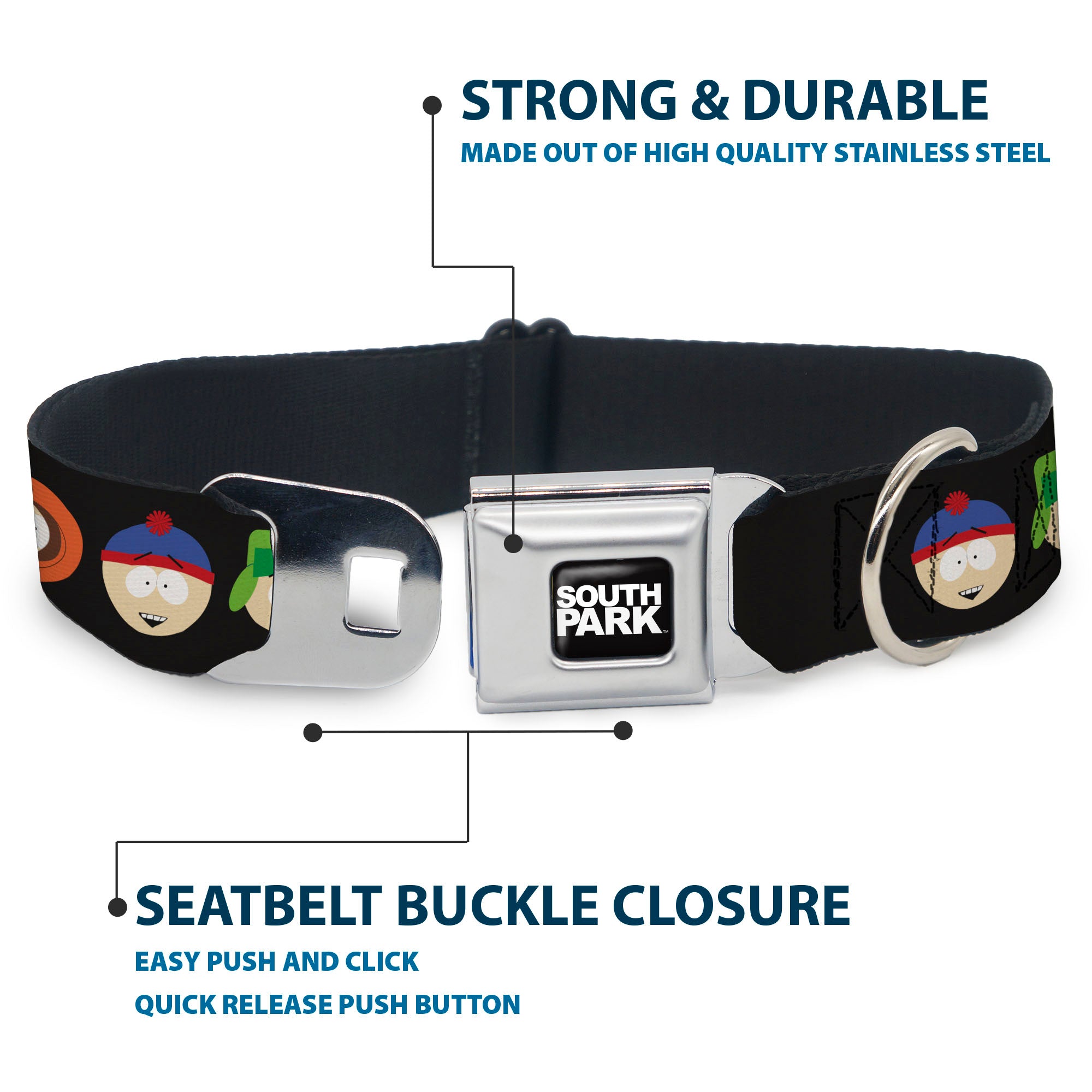 SOUTH PARK Title Logo Full Color Black/White Seatbelt Buckle Collar - South Park Boys Face Repeat Black Seatbelt Buckle Collars South Park