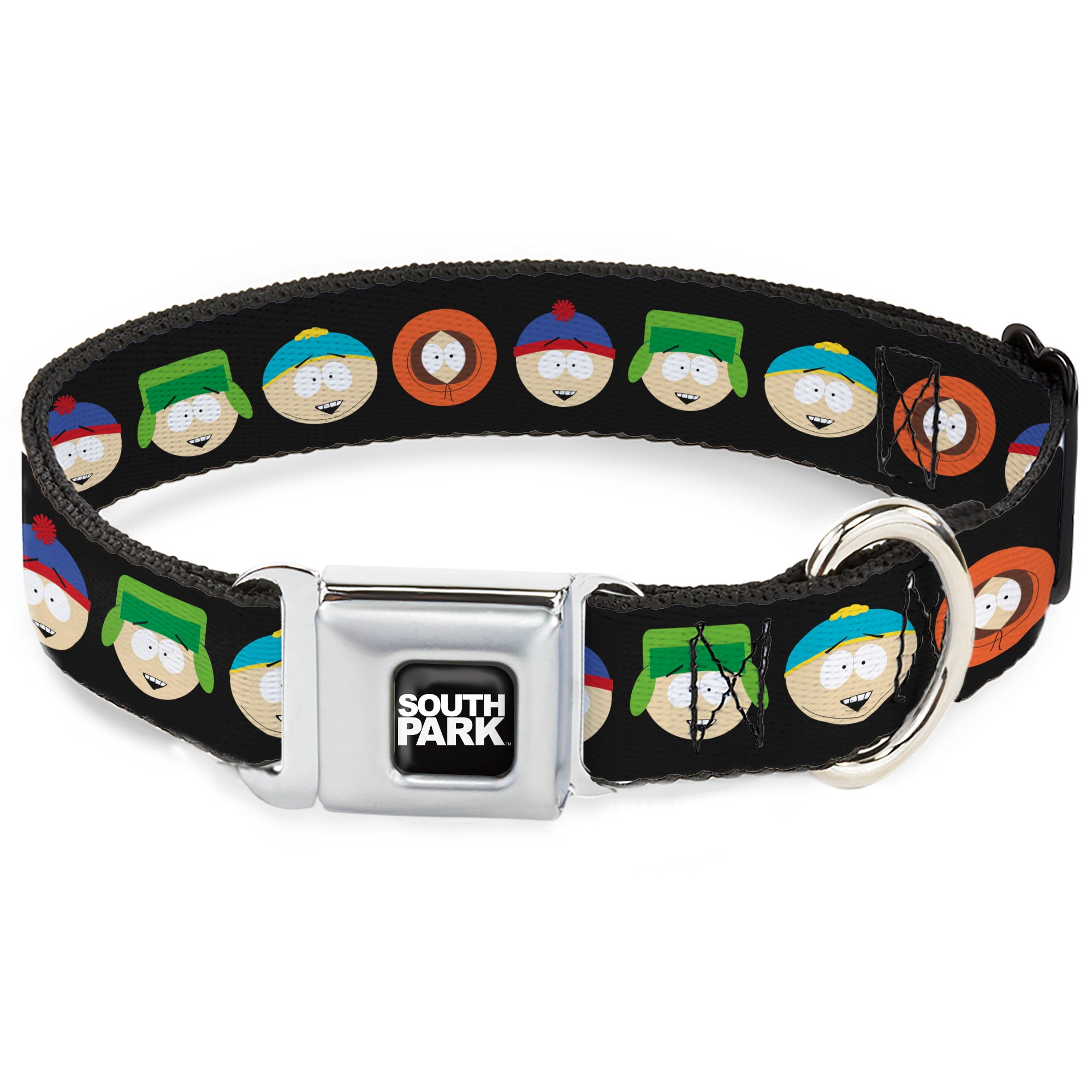 SOUTH PARK Title Logo Full Color Black/White Seatbelt Buckle Collar - South Park Boys Face Repeat Black Seatbelt Buckle Collars South Park