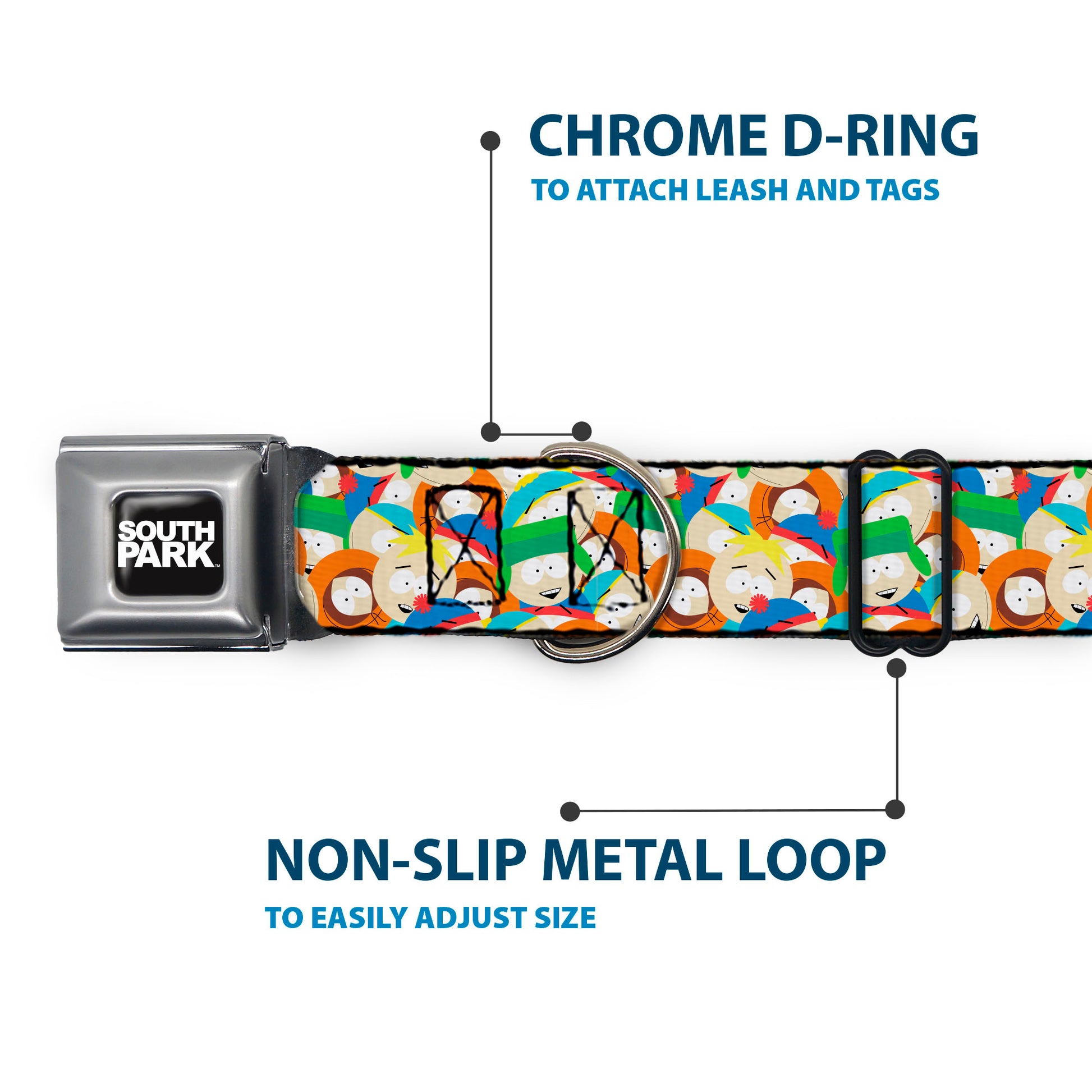 SOUTH PARK Title Logo Full Color Black/White Seatbelt Buckle Collar - South Park Boys Expressions Stacked Seatbelt Buckle Collars South Park