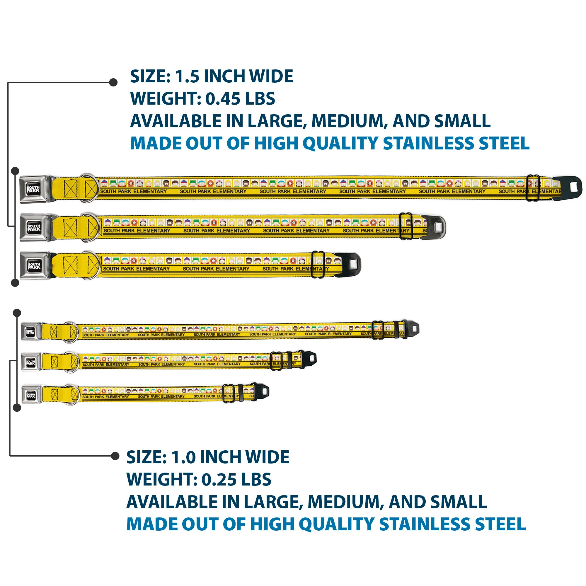 SOUTH PARK Title Logo Full Color Black/White Seatbelt Buckle Collar - SOUTH PARK ELEMENTARY School Bus Characters Pose Yellow Seatbelt Buckle Collars South Park