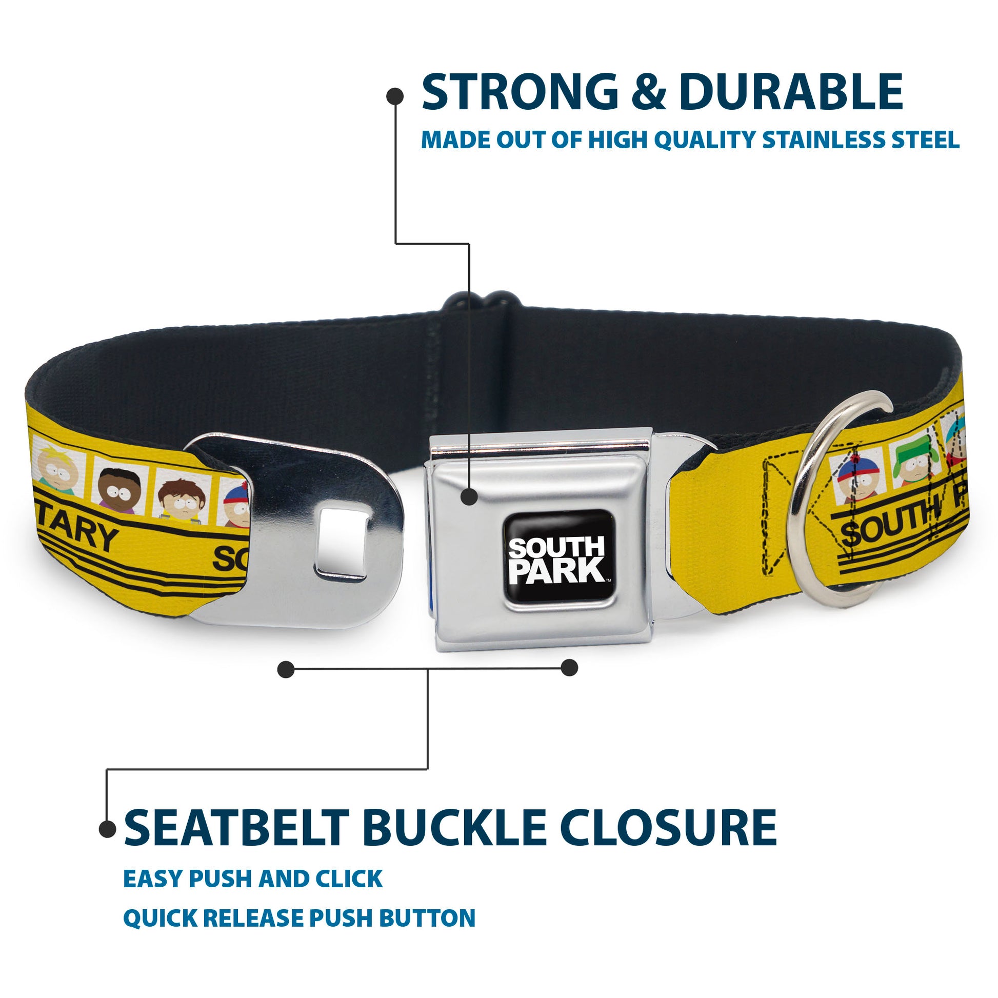 SOUTH PARK Title Logo Full Color Black/White Seatbelt Buckle Collar - SOUTH PARK ELEMENTARY School Bus Characters Pose Yellow Seatbelt Buckle Collars South Park