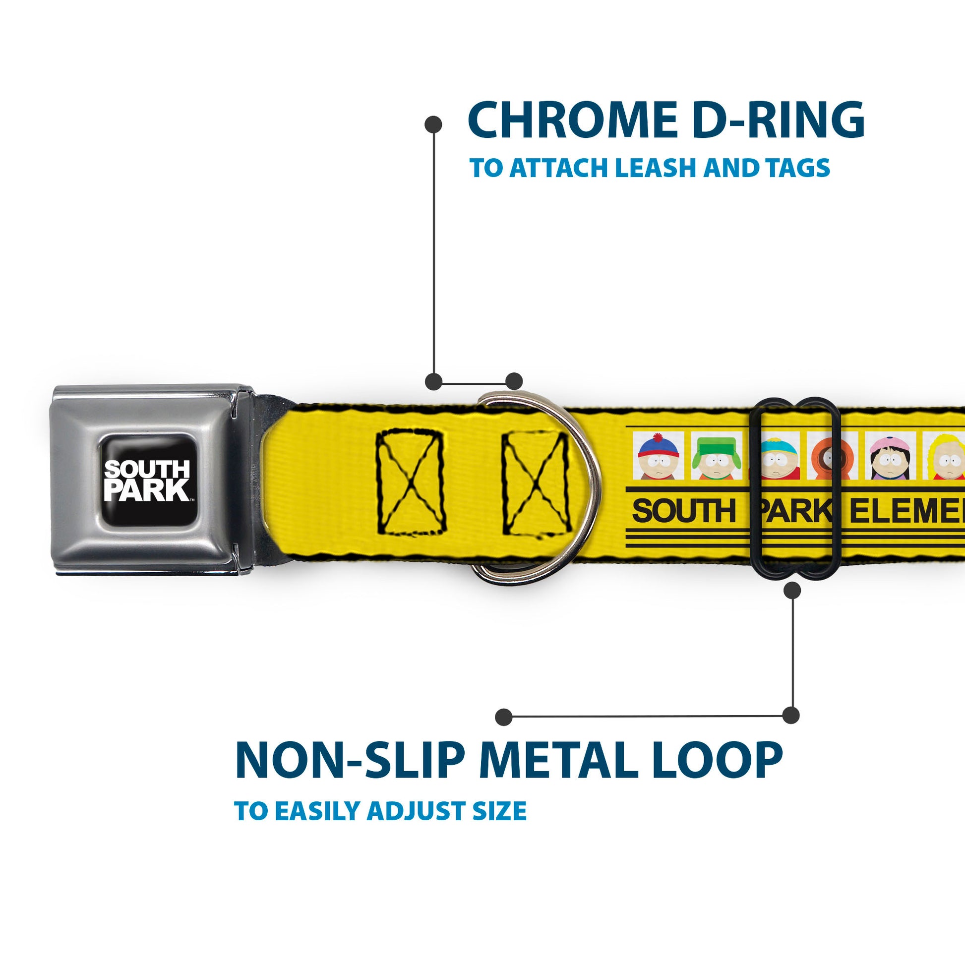 SOUTH PARK Title Logo Full Color Black/White Seatbelt Buckle Collar - SOUTH PARK ELEMENTARY School Bus Characters Pose Yellow Seatbelt Buckle Collars South Park
