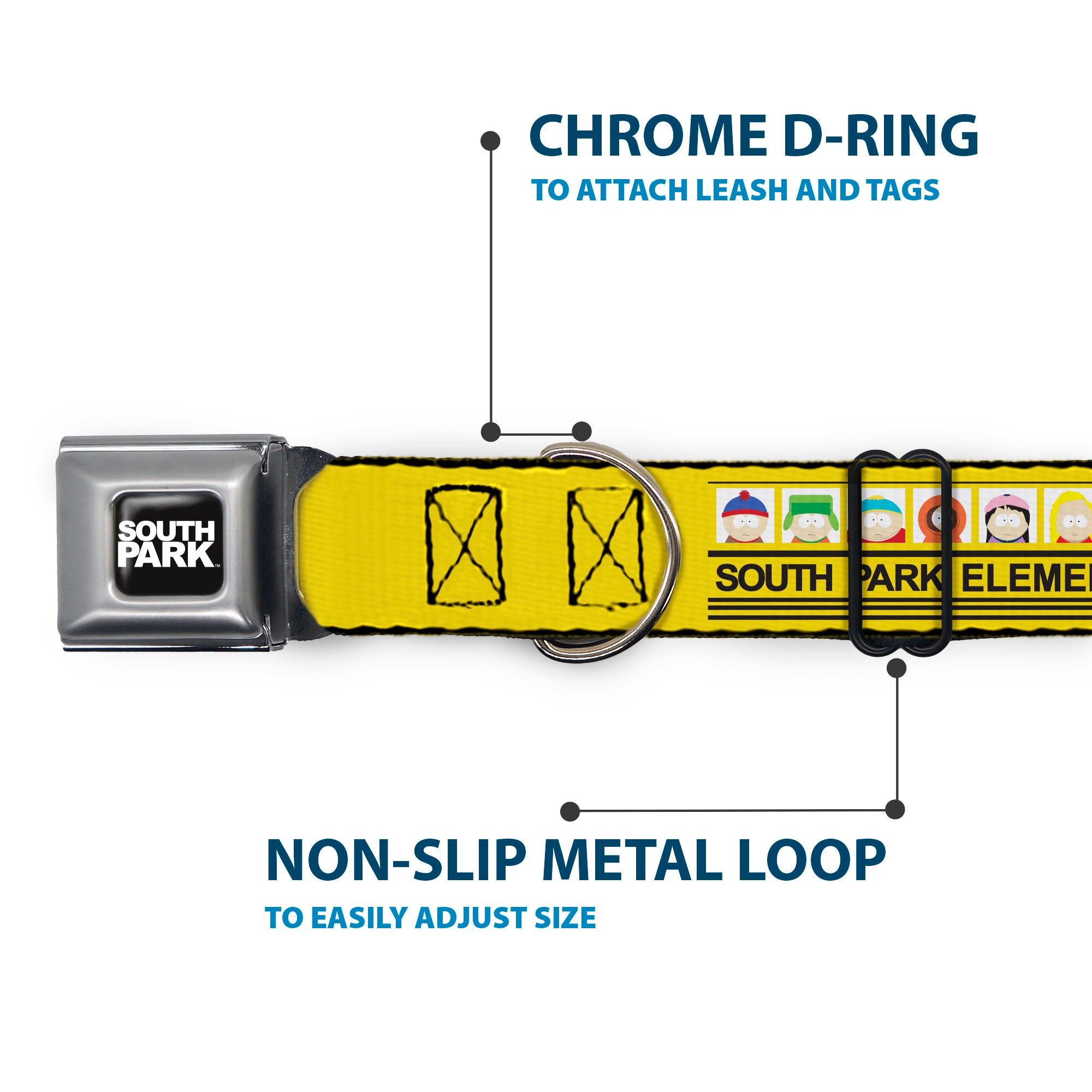 SOUTH PARK Title Logo Full Color Black/White Seatbelt Buckle Collar - SOUTH PARK ELEMENTARY School Bus Characters Pose Yellow Seatbelt Buckle Collars South Park
