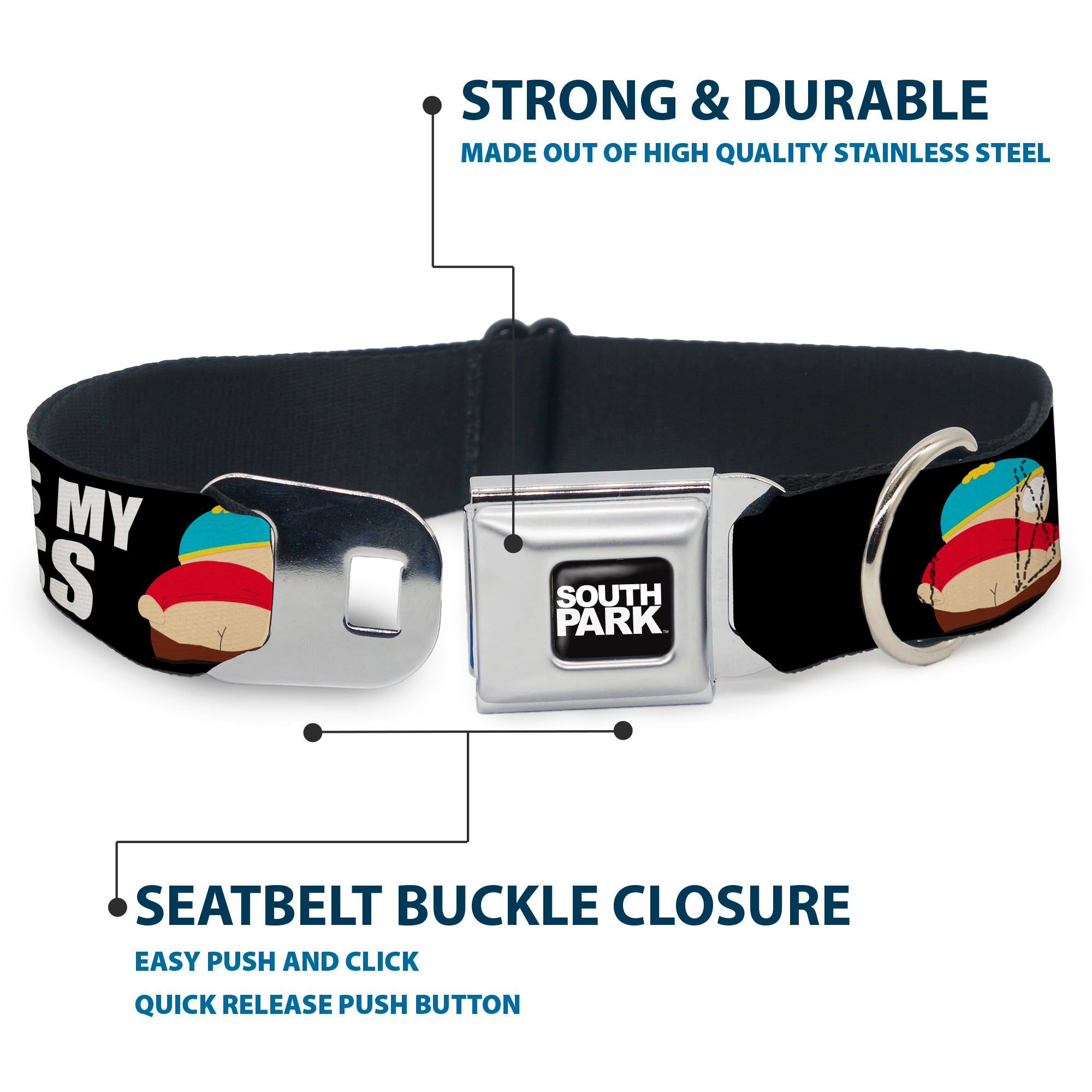 SOUTH PARK Title Logo Full Color Black/White Seatbelt Buckle Collar - South Park Cartman Pants KISS MY ASS Pose Black/White Seatbelt Buckle Collars South Park
