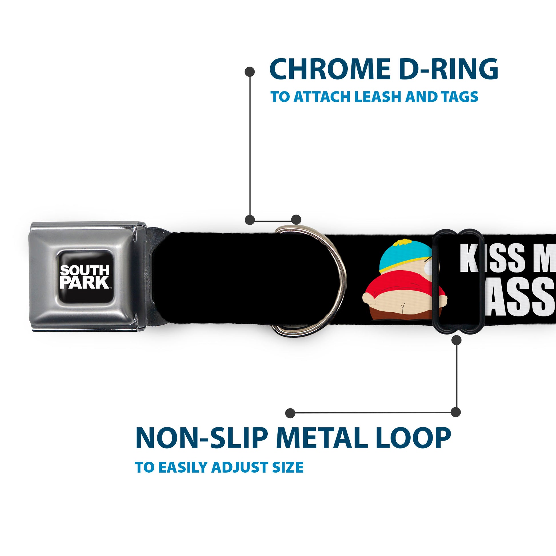 SOUTH PARK Title Logo Full Color Black/White Seatbelt Buckle Collar - South Park Cartman Pants KISS MY ASS Pose Black/White Seatbelt Buckle Collars South Park