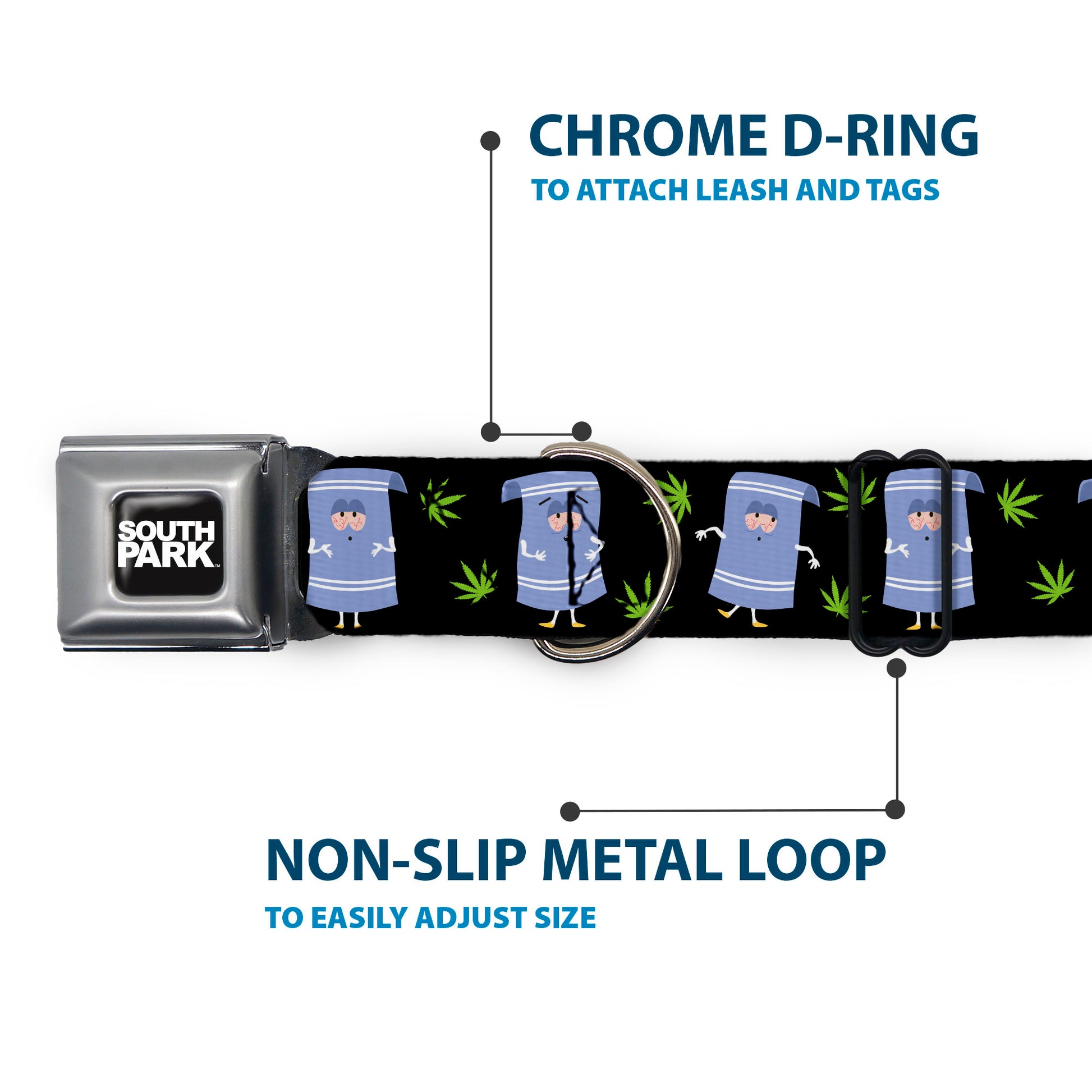 SOUTH PARK Title Logo Full Color Black/White Seatbelt Buckle Collar - South Park Towlie and Scattered Pot Leaves Black Seatbelt Buckle Collars South Park