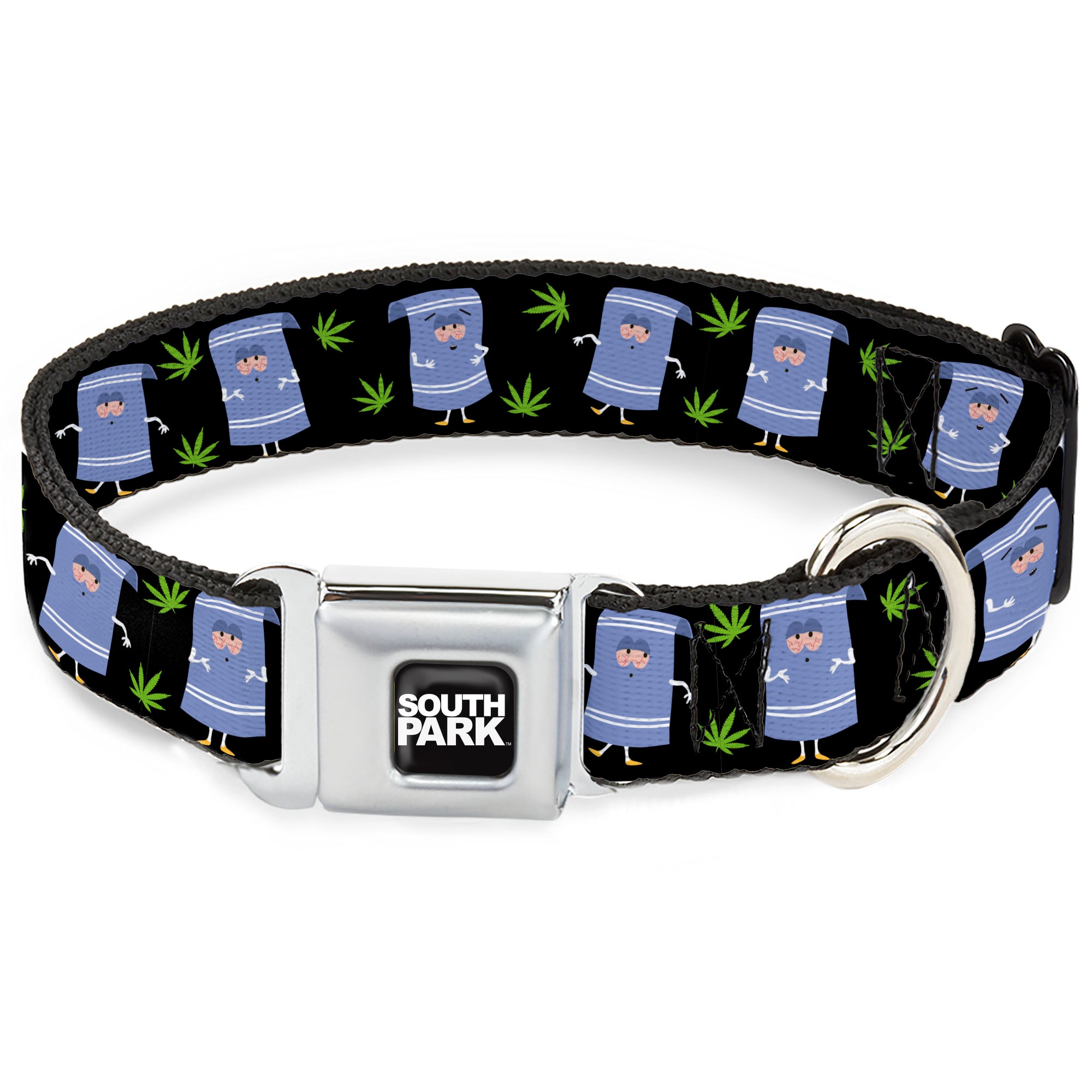 SOUTH PARK Title Logo Full Color Black/White Seatbelt Buckle Collar - South Park Towlie and Scattered Pot Leaves Black Seatbelt Buckle Collars South Park