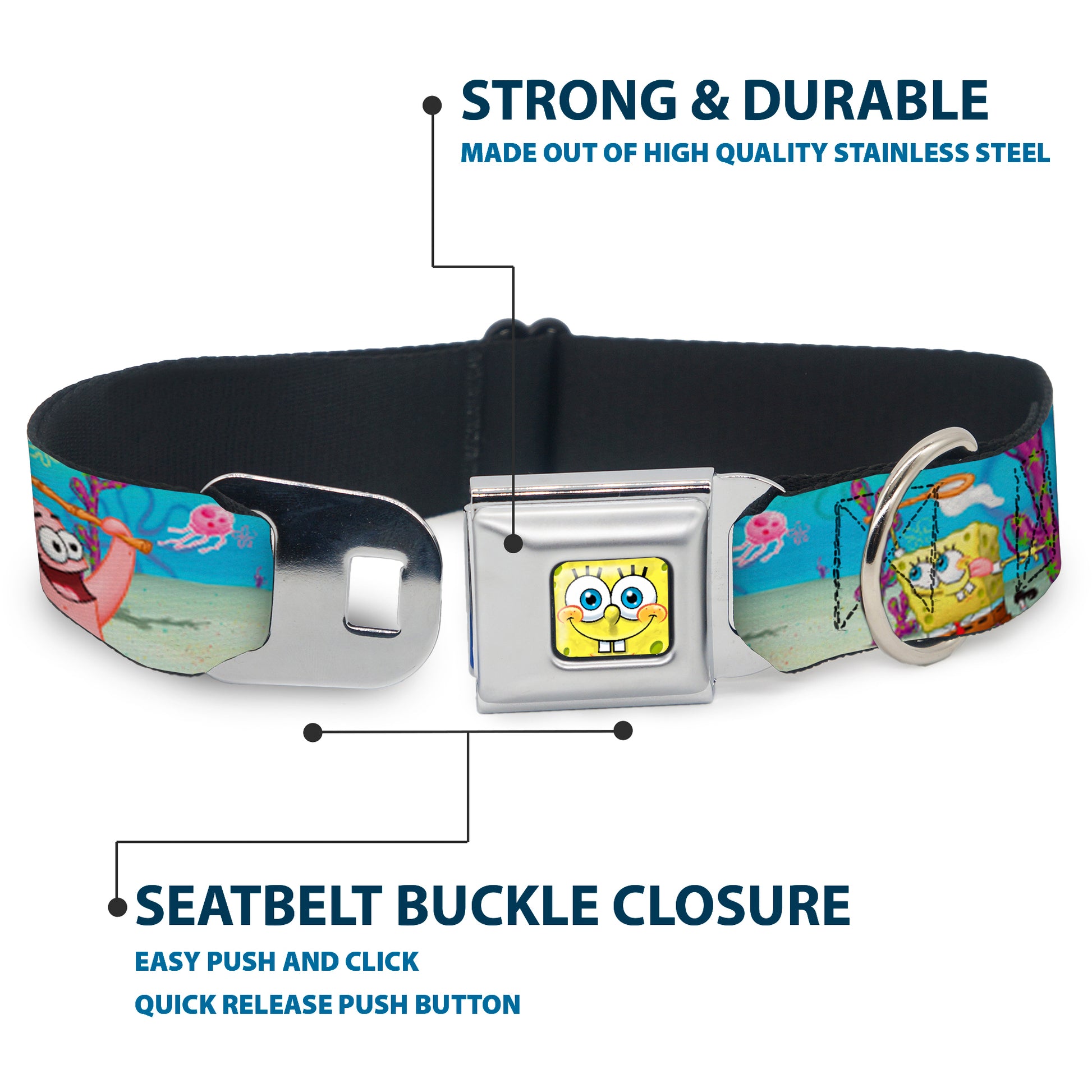 Sponge Bob 3-D Face CLOSE-UP Full Color Seatbelt Buckle Collar - SpongeBob & Patrick Starfish Jellyfishing Scenes Seatbelt Buckle Collars SpongeBob SquarePants