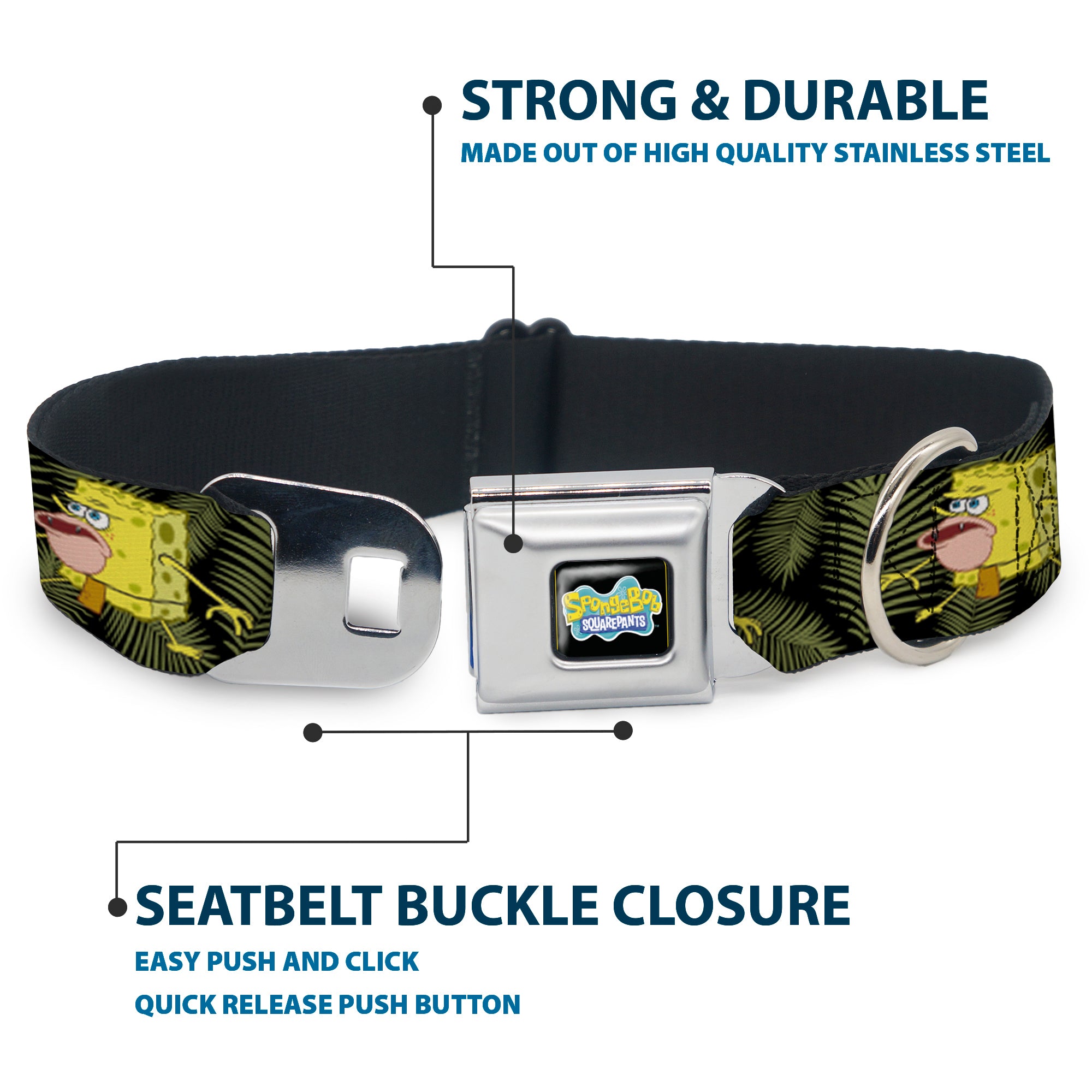 SpongeBob SquarePants Logo2 Full Color Black Seatbelt Buckle Collar - Primitive Sponge Pose/Leaves Black/Green Seatbelt Buckle Collars SpongeBob SquarePants