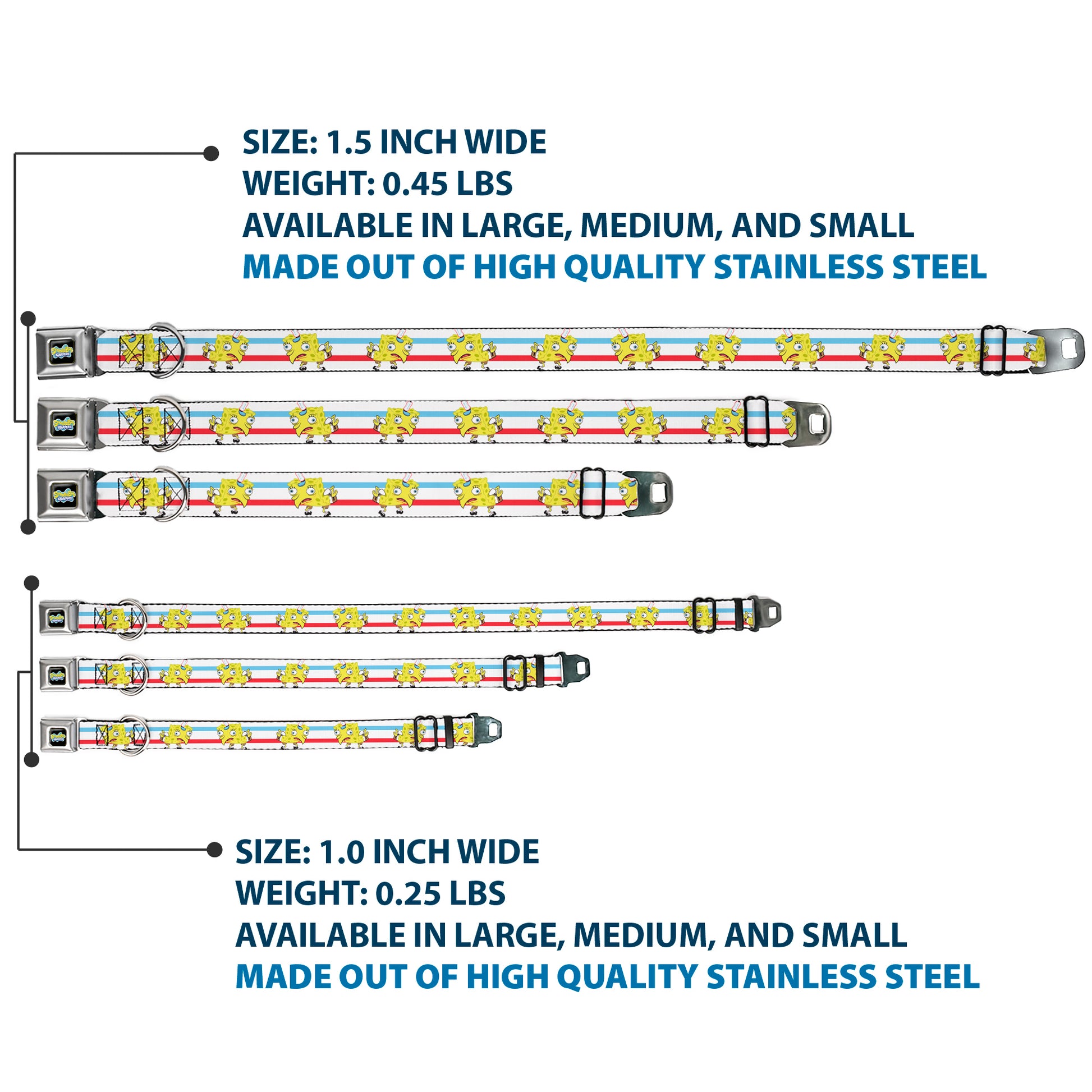 SpongeBob SquarePants Logo2 Full Color Black Seatbelt Buckle Collar - Mocking SpongeBob Pose Stripe White/Blue/Red Seatbelt Buckle Collars SpongeBob SquarePants