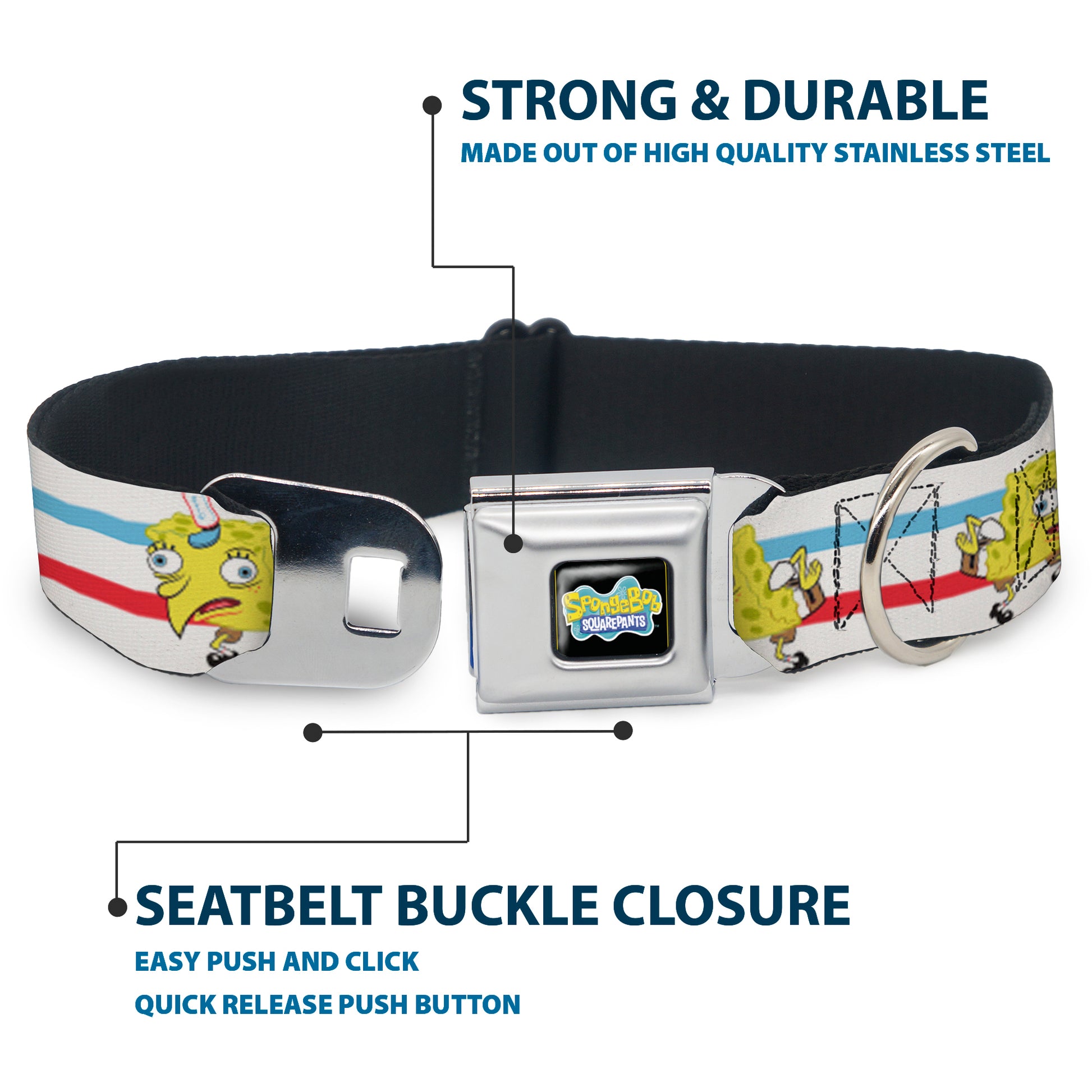 SpongeBob SquarePants Logo2 Full Color Black Seatbelt Buckle Collar - Mocking SpongeBob Pose Stripe White/Blue/Red Seatbelt Buckle Collars SpongeBob SquarePants