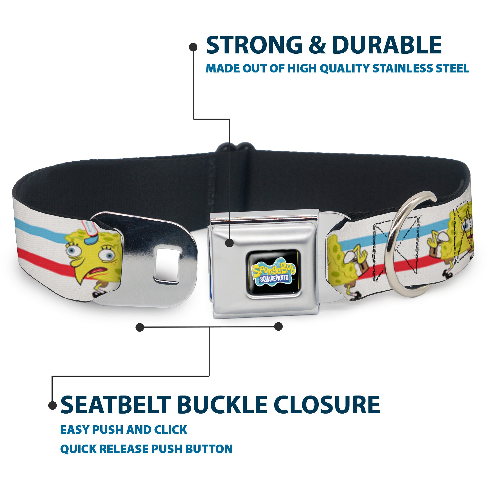 SpongeBob SquarePants Logo2 Full Color Black Seatbelt Buckle Collar - Mocking SpongeBob Pose Stripe White/Blue/Red Seatbelt Buckle Collars SpongeBob SquarePants