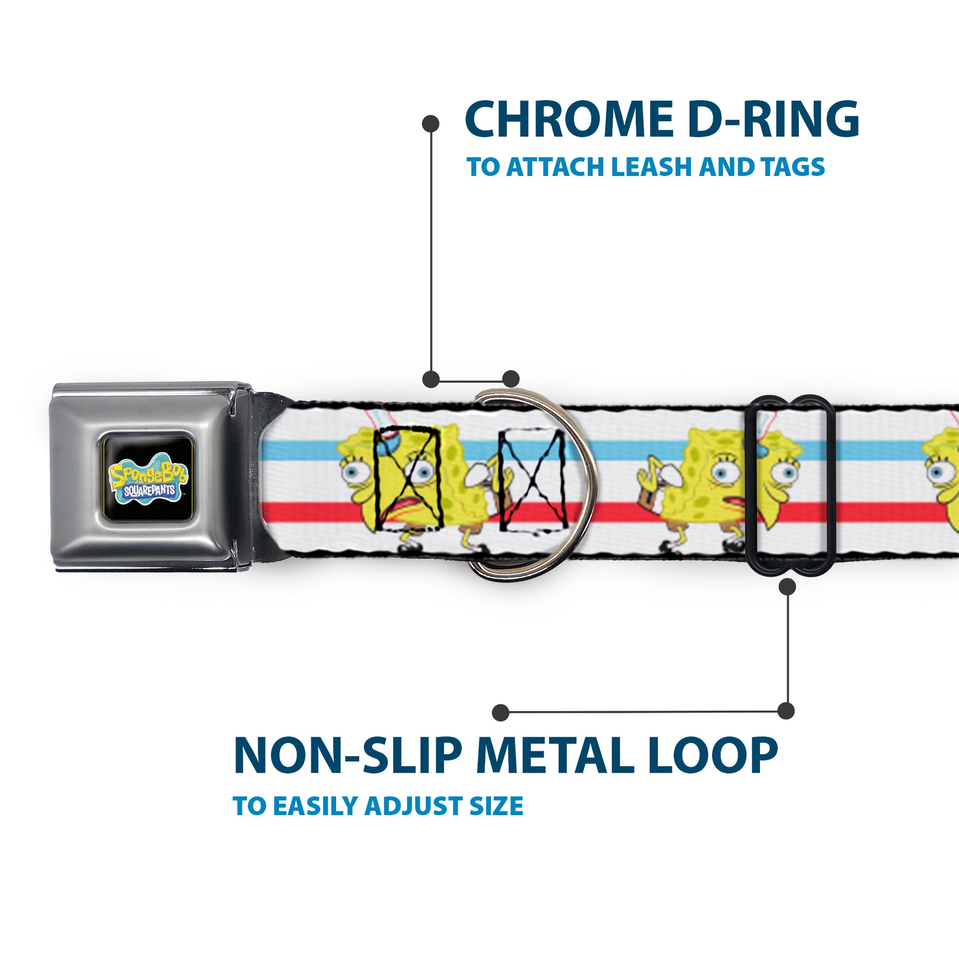 SpongeBob SquarePants Logo2 Full Color Black Seatbelt Buckle Collar - Mocking SpongeBob Pose Stripe White/Blue/Red Seatbelt Buckle Collars SpongeBob SquarePants