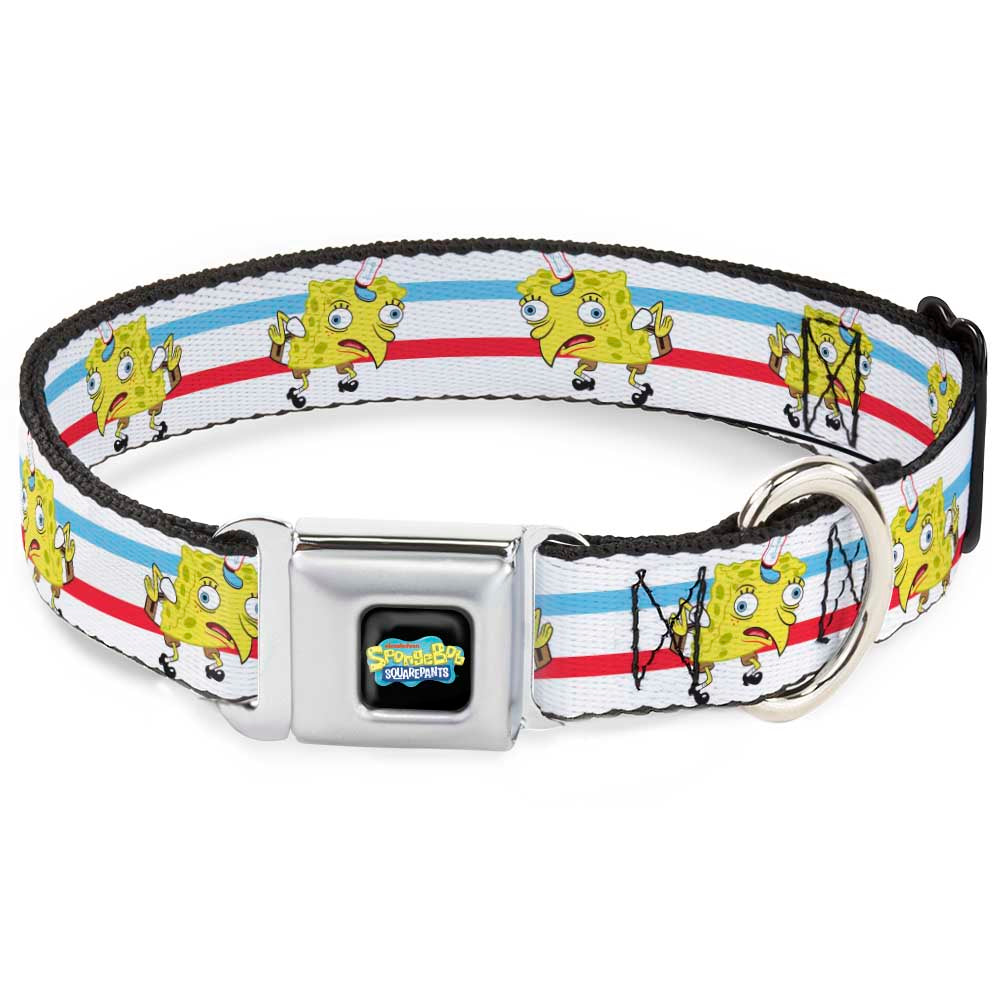 SpongeBob SquarePants Logo2 Full Color Black Seatbelt Buckle Collar - Mocking SpongeBob Pose Stripe White/Blue/Red Seatbelt Buckle Collars SpongeBob SquarePants