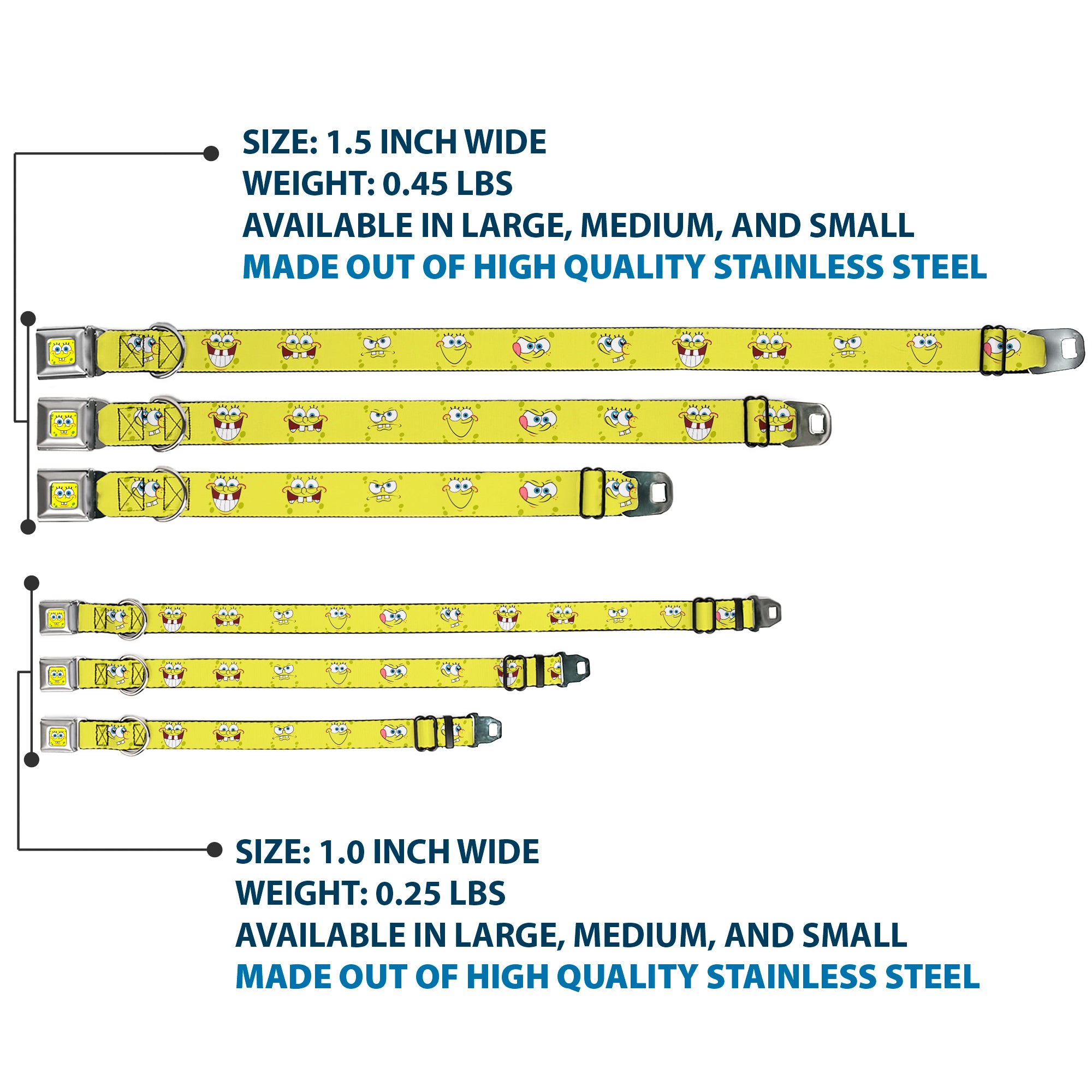 SpongeBob Face CLOSE-UP Full Color Seatbelt Buckle Collar - SpongeBob Expressions Yellow Seatbelt Buckle Collars SpongeBob SquarePants