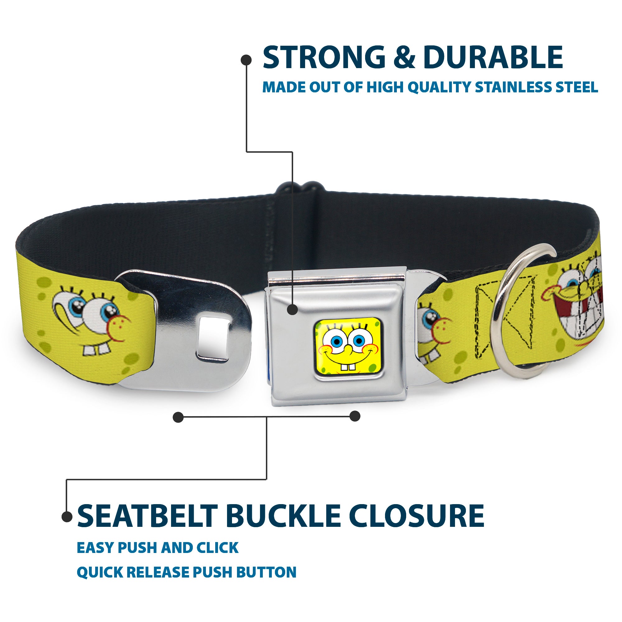 SpongeBob Face CLOSE-UP Full Color Seatbelt Buckle Collar - SpongeBob Expressions Yellow Seatbelt Buckle Collars SpongeBob SquarePants