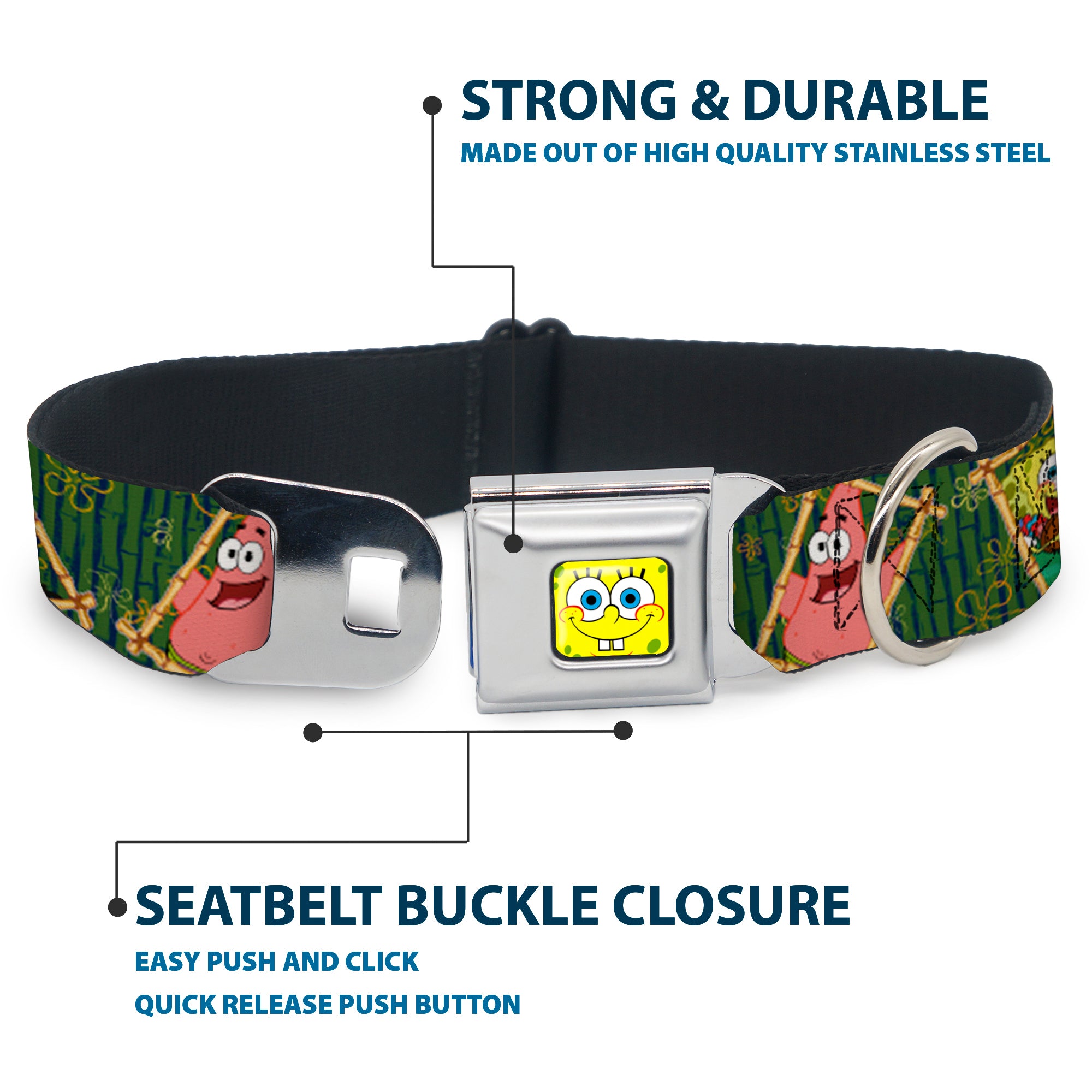 Sponge Bob Face CLOSE-UP Full Color Seatbelt Buckle Collar - SpongeBob & Patrick Starfish Bamboo Frames/Logo Seatbelt Buckle Collars SpongeBob SquarePants