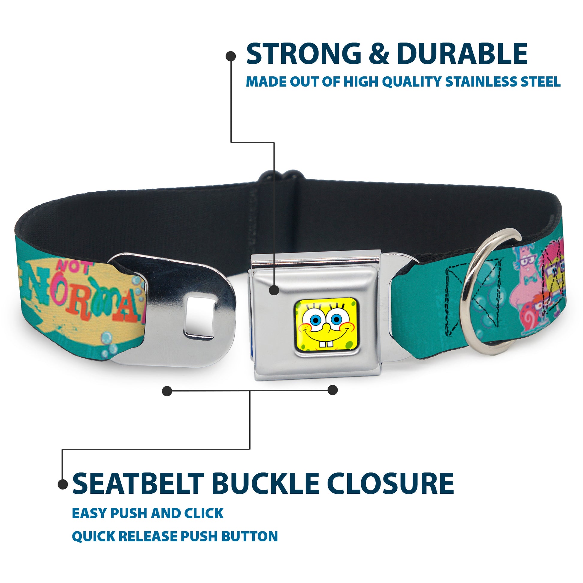 Sponge Bob Face CLOSE-UP Full Color Seatbelt Buckle Collar - Patrick, SpongeBob & Gary NOT NORMAL Aqua Seatbelt Buckle Collars SpongeBob SquarePants