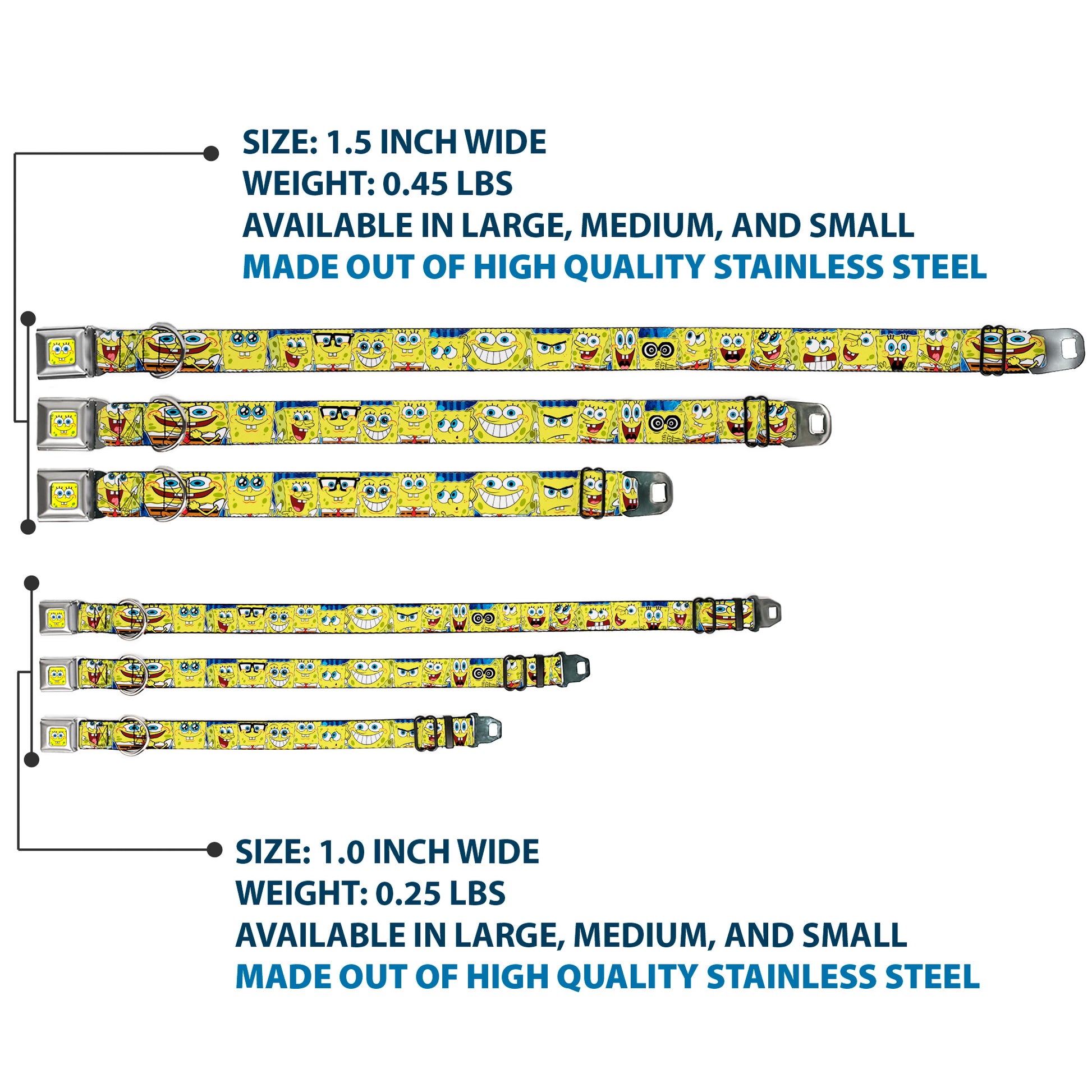 Sponge Bob Face CLOSE-UP Full Color Seatbelt Buckle Collar - SpongeBob Expressions Stripe Blue Seatbelt Buckle Collars SpongeBob SquarePants