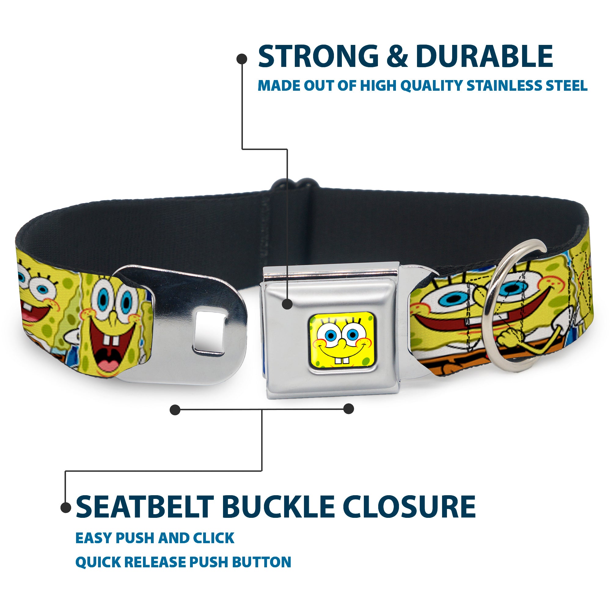 Sponge Bob Face CLOSE-UP Full Color Seatbelt Buckle Collar - SpongeBob Expressions Stripe Blue Seatbelt Buckle Collars SpongeBob SquarePants