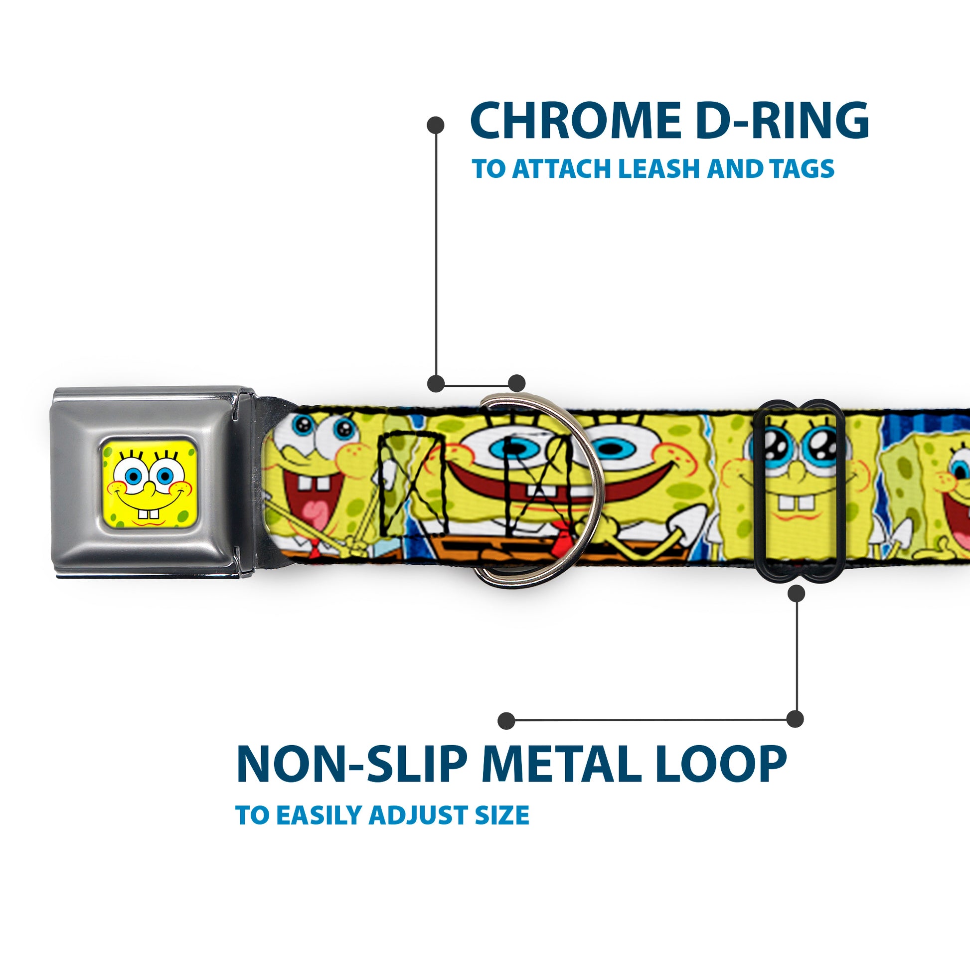 Sponge Bob Face CLOSE-UP Full Color Seatbelt Buckle Collar - SpongeBob Expressions Stripe Blue Seatbelt Buckle Collars SpongeBob SquarePants