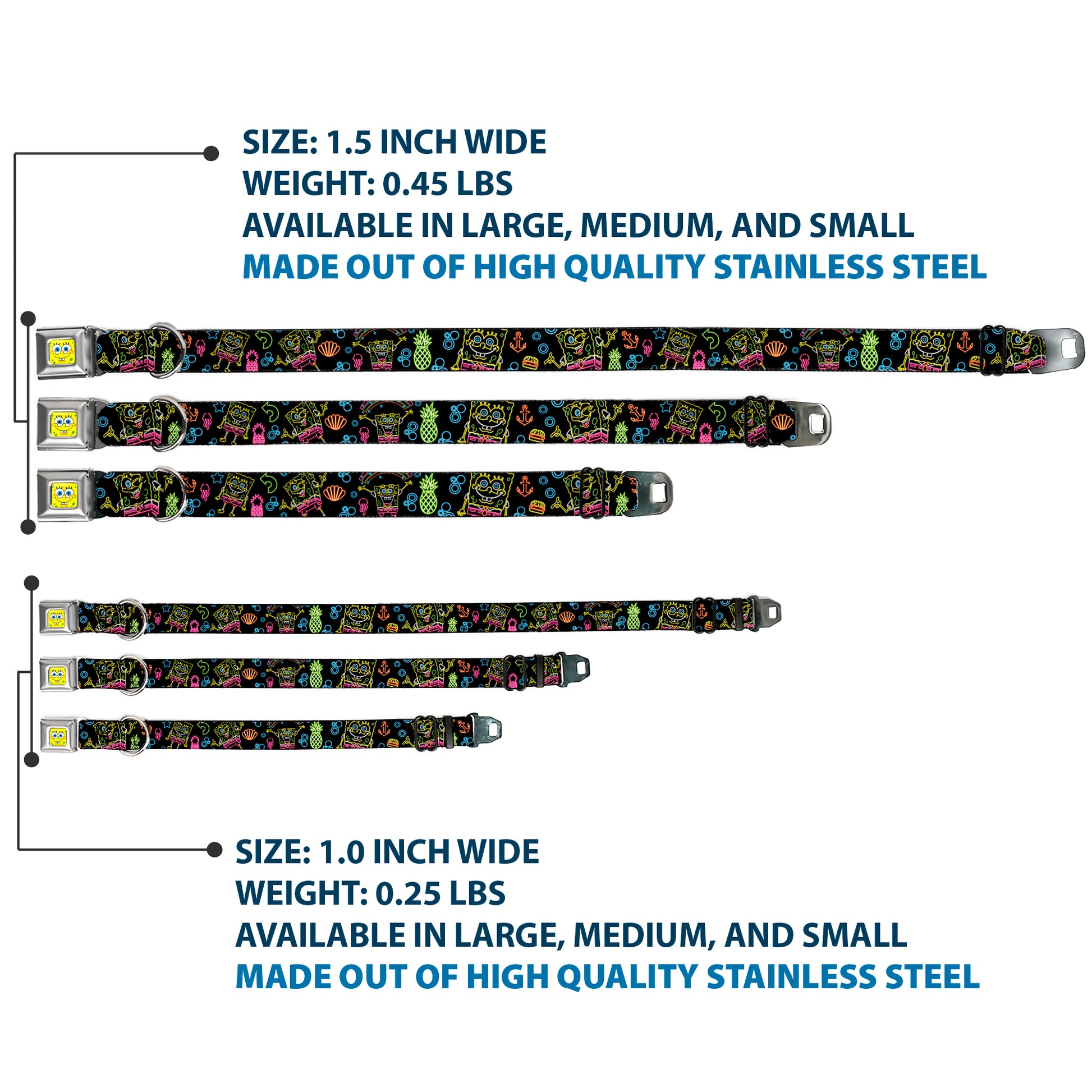 SpongeBob Face CLOSE-UP Full Color Seatbelt Buckle Collar - Electric SpongeBob Poses/Elements Black/Multi Color Seatbelt Buckle Collars SpongeBob SquarePants
