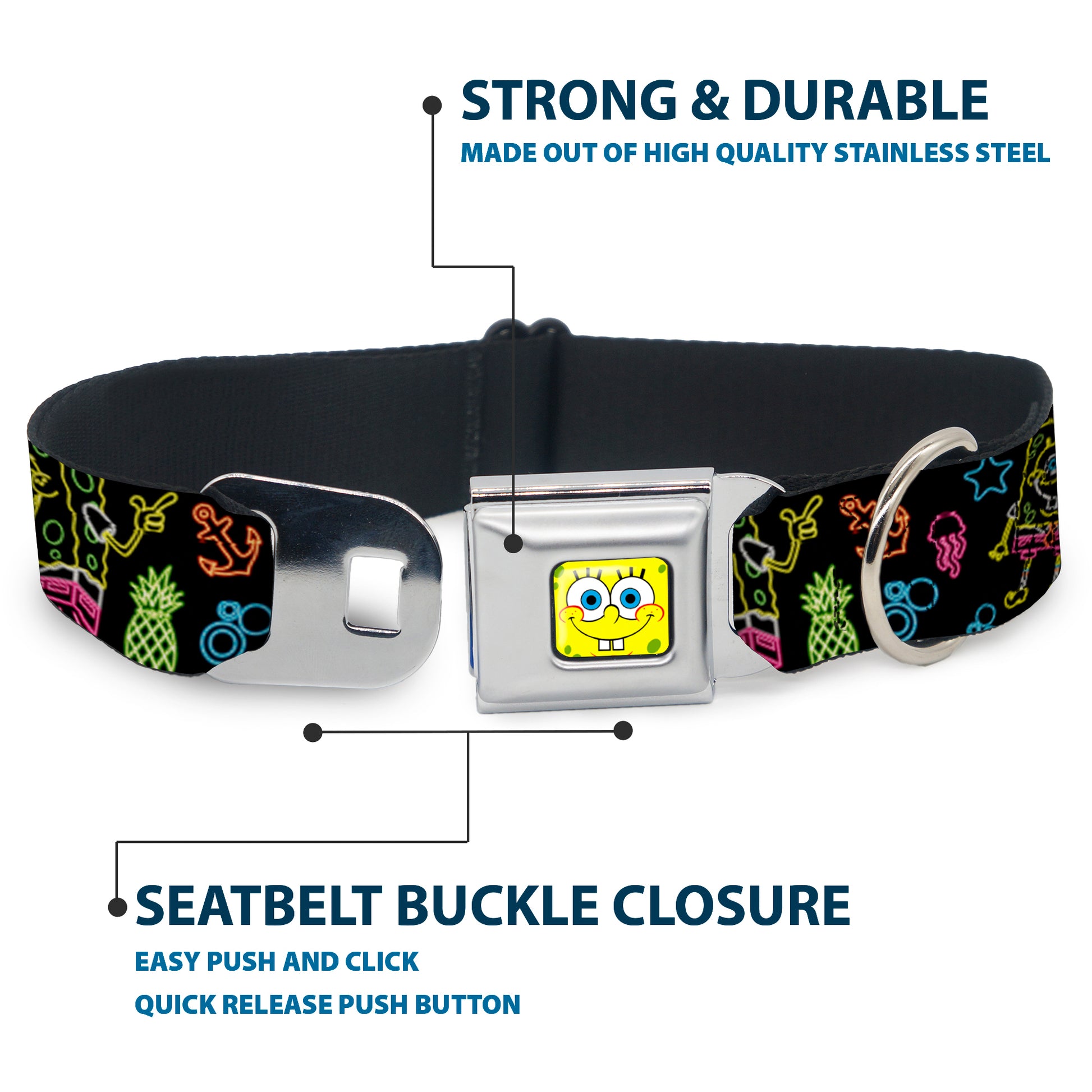 SpongeBob Face CLOSE-UP Full Color Seatbelt Buckle Collar - Electric SpongeBob Poses/Elements Black/Multi Color Seatbelt Buckle Collars SpongeBob SquarePants