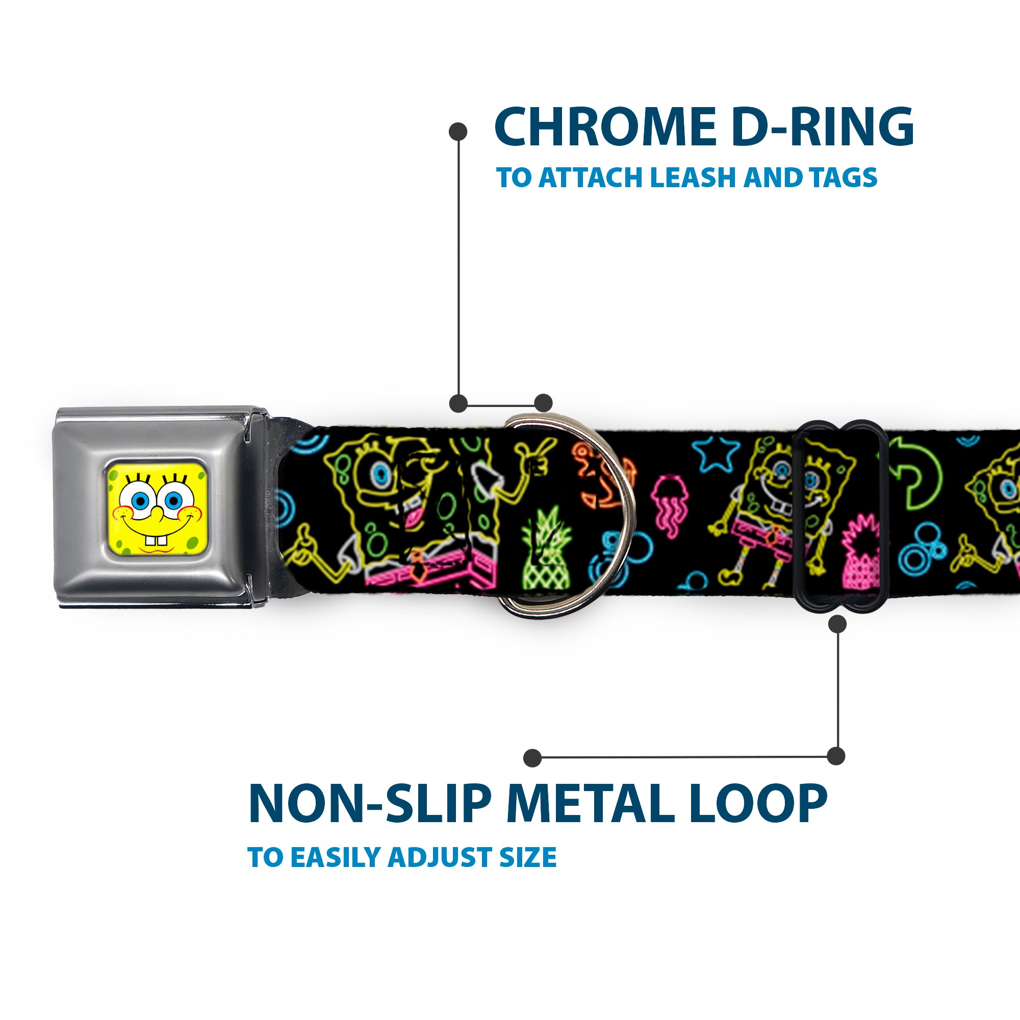 SpongeBob Face CLOSE-UP Full Color Seatbelt Buckle Collar - Electric SpongeBob Poses/Elements Black/Multi Color Seatbelt Buckle Collars SpongeBob SquarePants